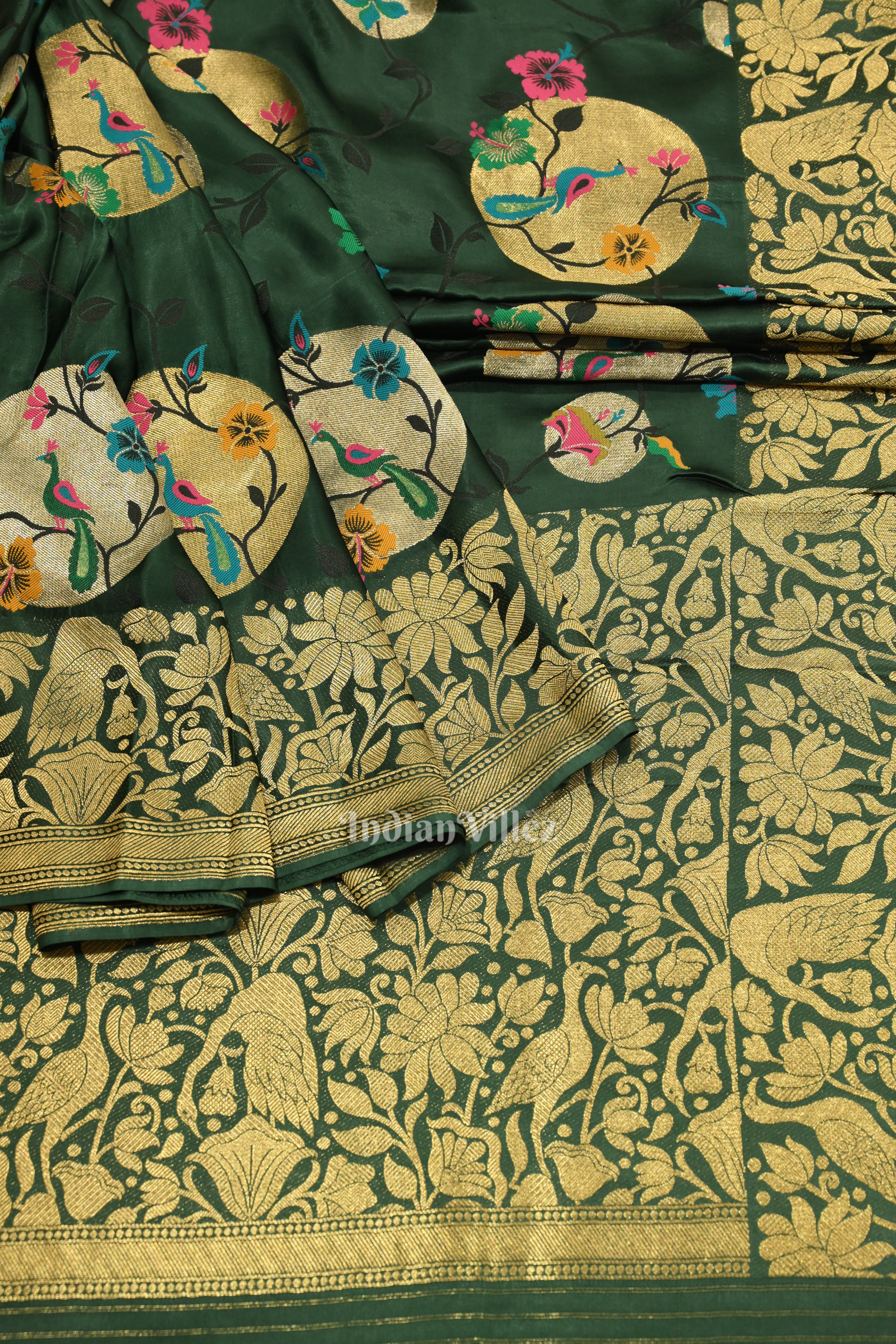 IndianVillèz Leaf Green Tussar Khaddi Georgette Banarasi Saree