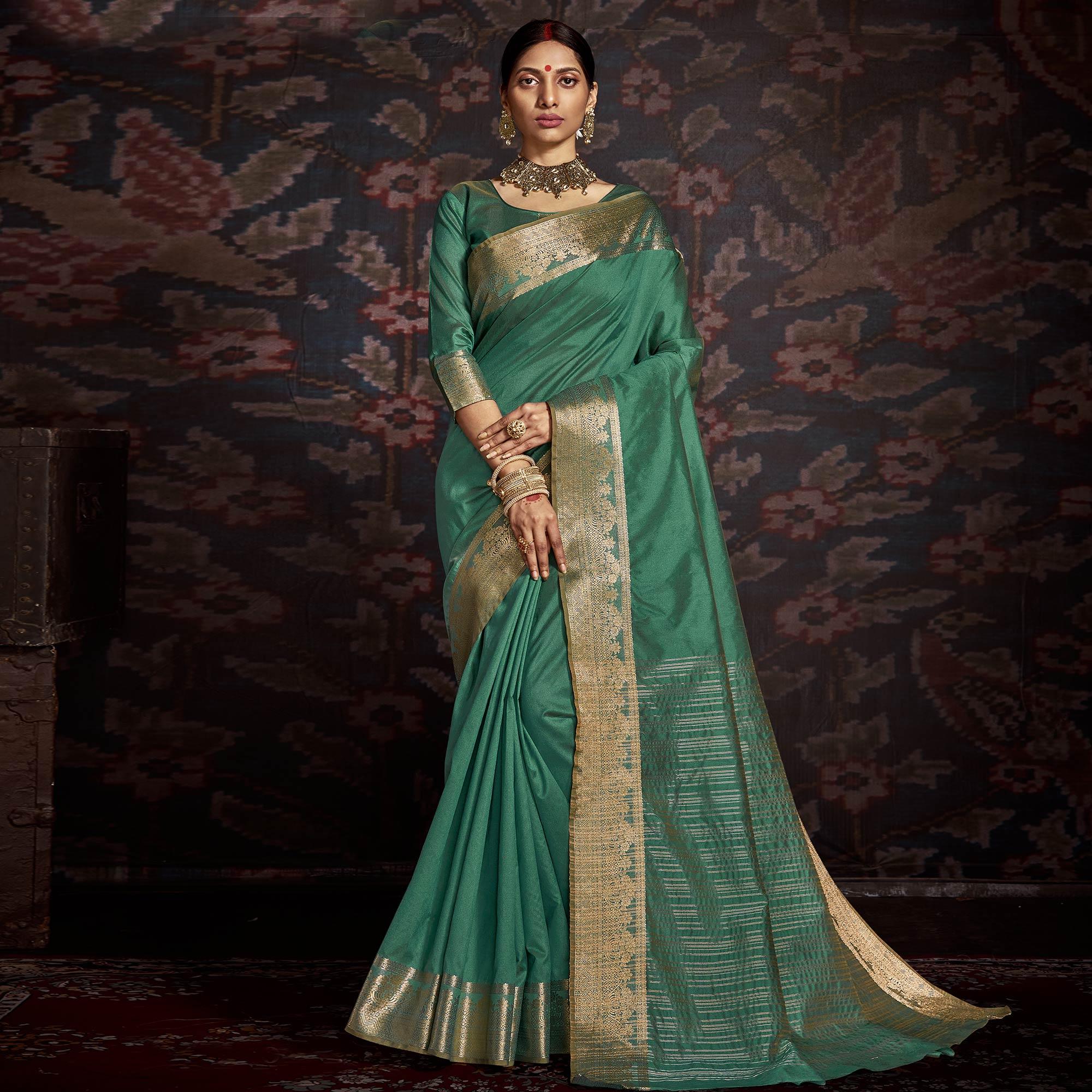 Peachmode Jazzy Green Colored Festive Wear Woven Silk Saree