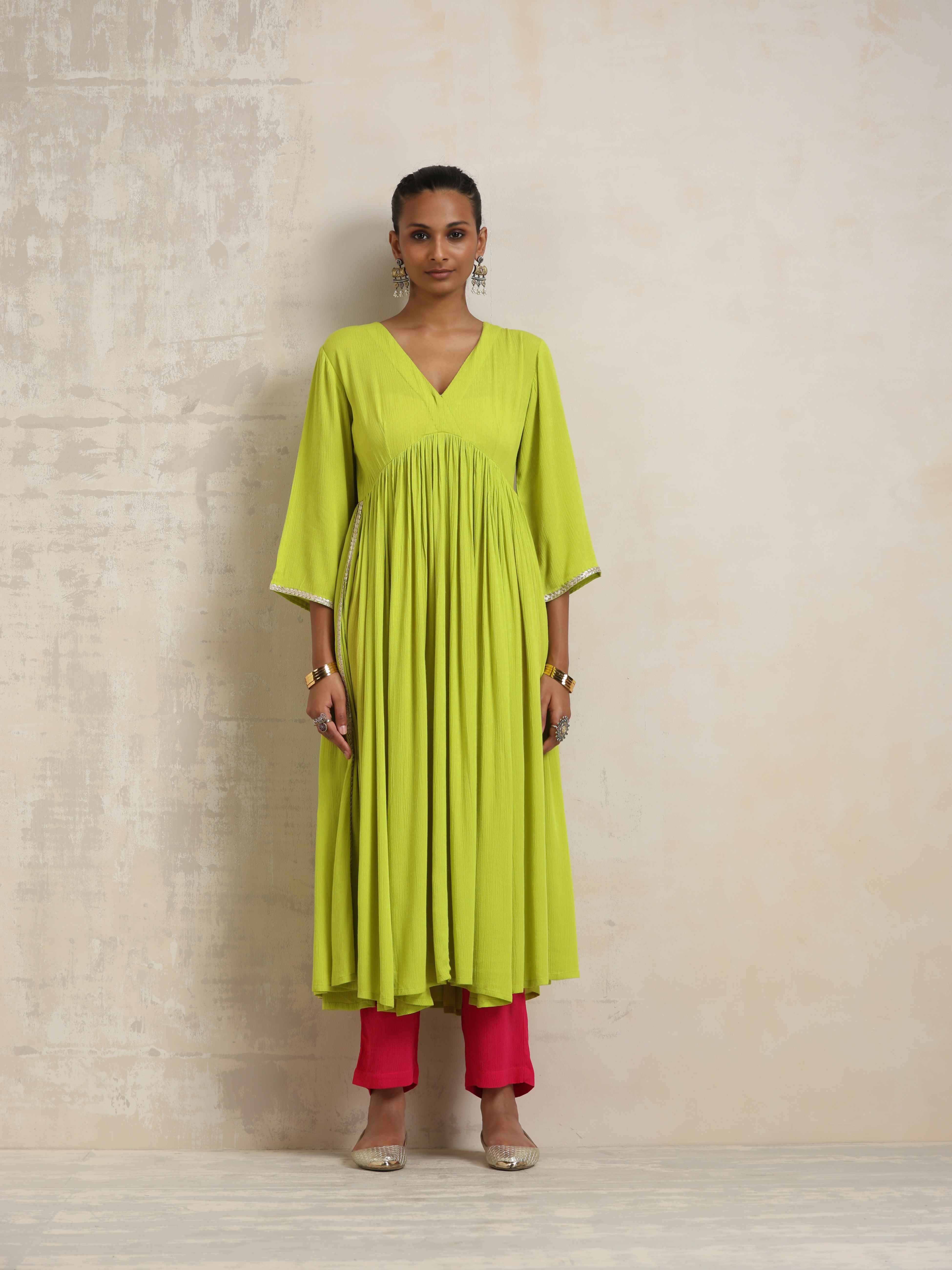 trueBrowns Lime Crinkle Anarkali Flared Kurta Set - view 2