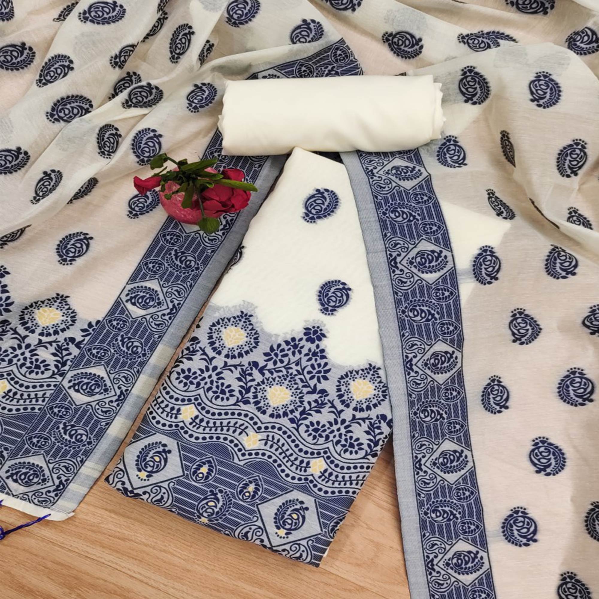 Peachmode Offwhite & Navy Blue Floral Woven Chanderi Dress Material