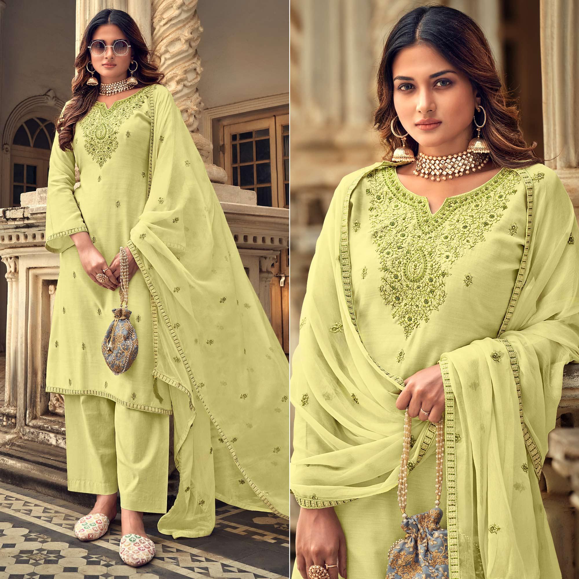 Peachmode Lemon Party Wear Embroidered Muslin Suit