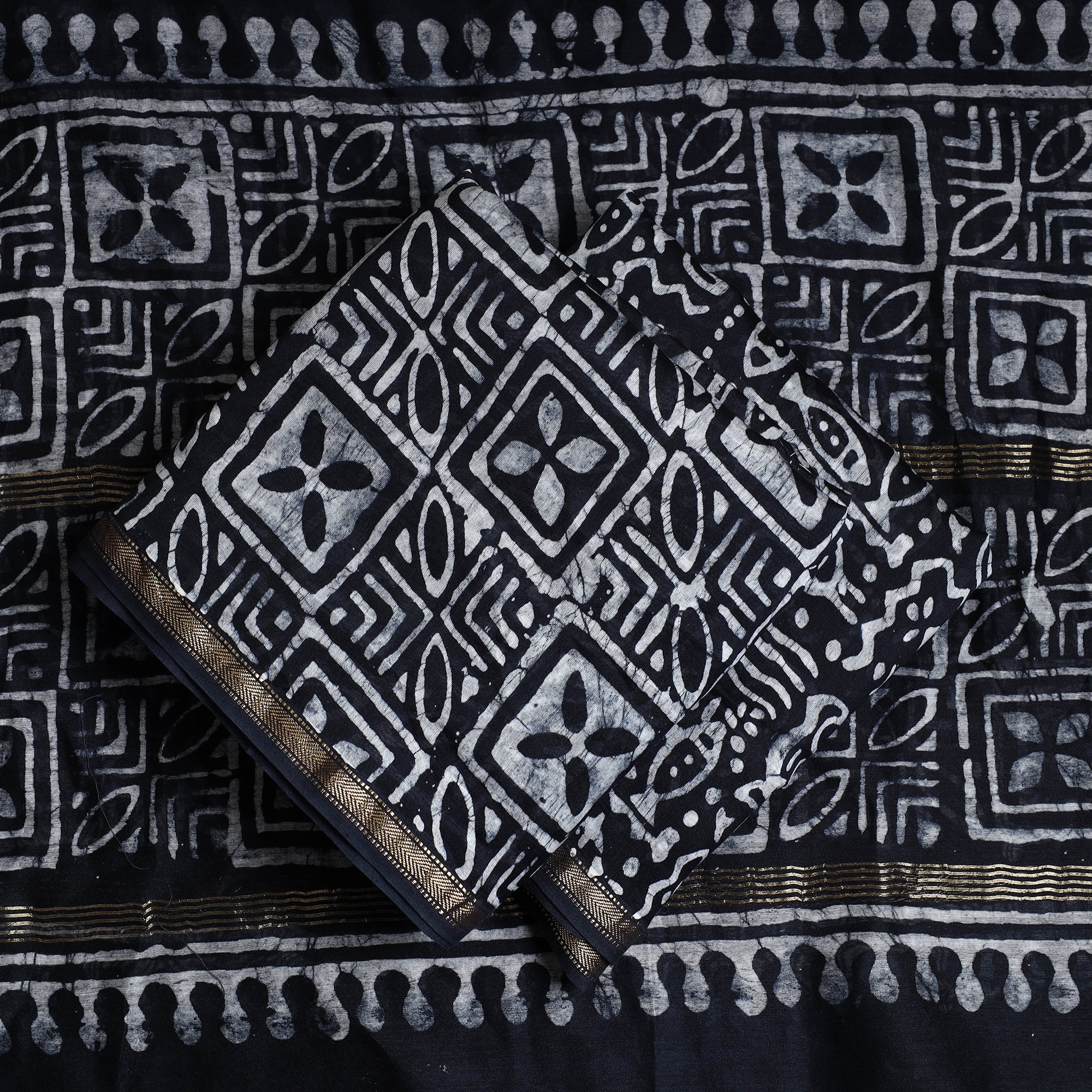 BATIK BY MD. SHARIFF Black - 3pc Hand Batik Printed Chanderi Silk Suit Material Set - view 2