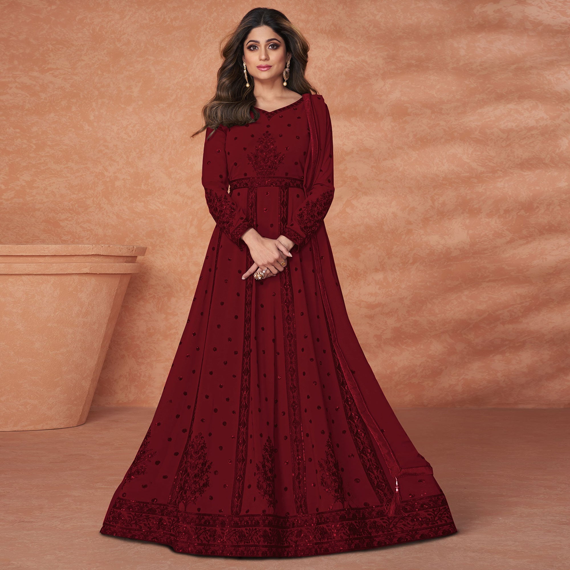 Peachmode Maroon Embroidered Georgette Gown - view 2