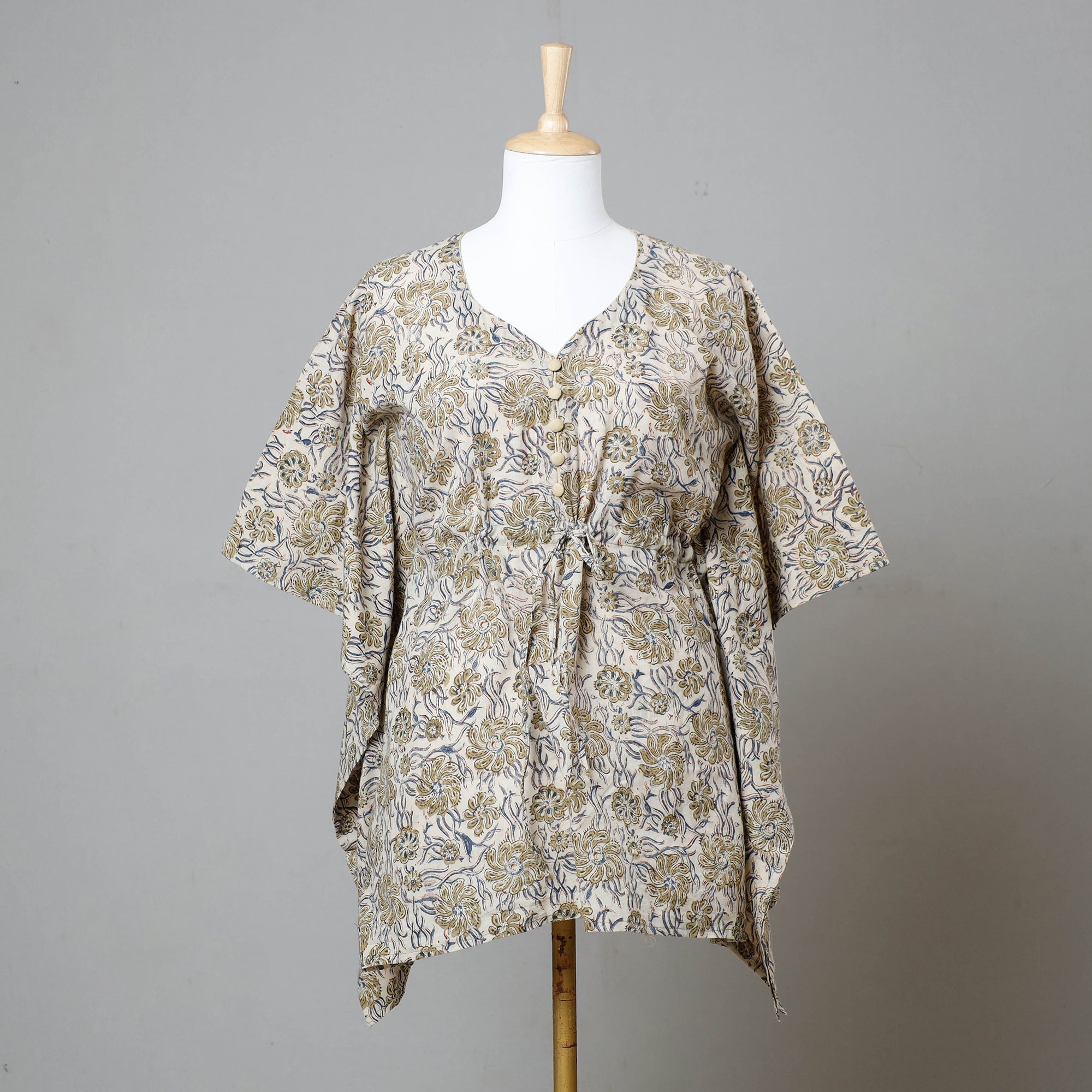 ITOKRI CASUALS Beige - Block Print Cotton Kalamkari Kaftan with Tie-Up Waist (Short)