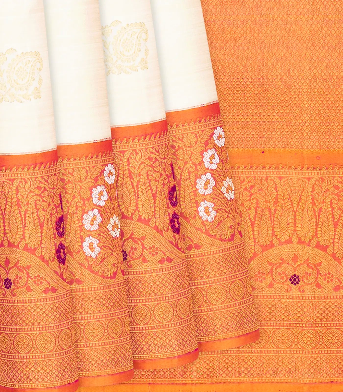 RmKV White Handloom Kanchipuram Korvai Silk Saree With Zari Buttas-White