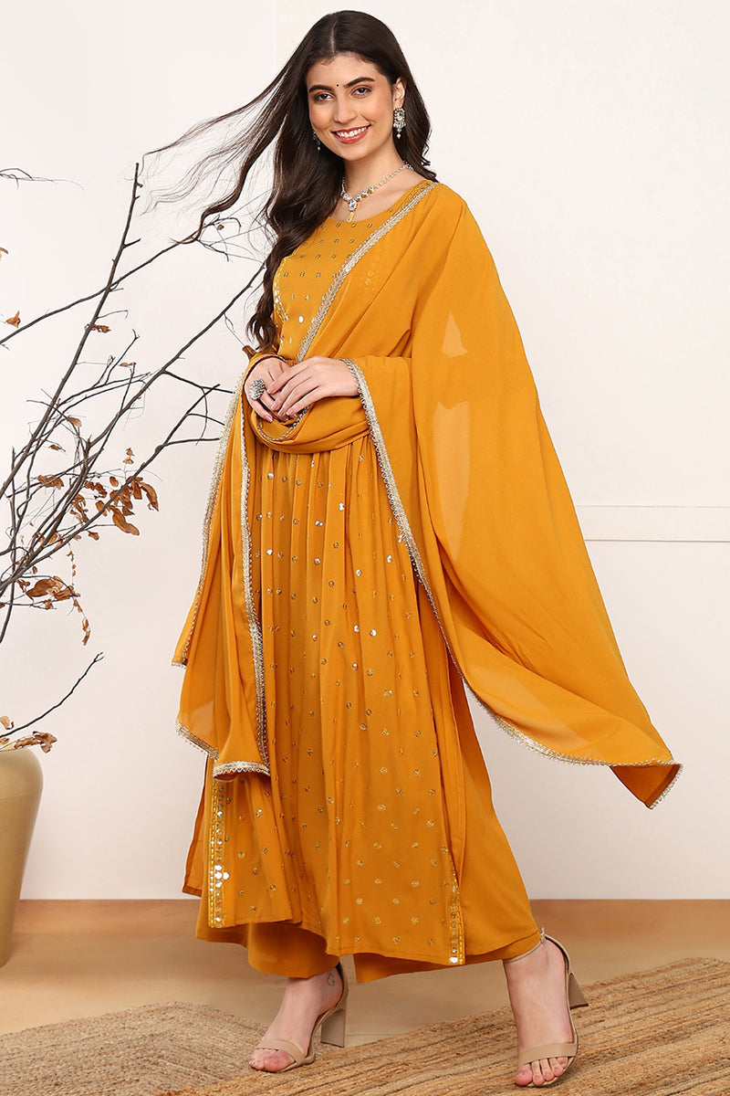 Ahika Mustard Yellow Georgette Solid Embroidered Straight Palazzo Suit Set PKSKD2521YLW - view 2