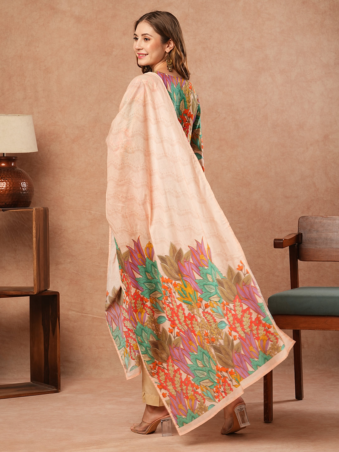FASHOR Floral Printed Resham Embroidered Lace Work Kurta with Pants & Dupatta - Multi - view 6