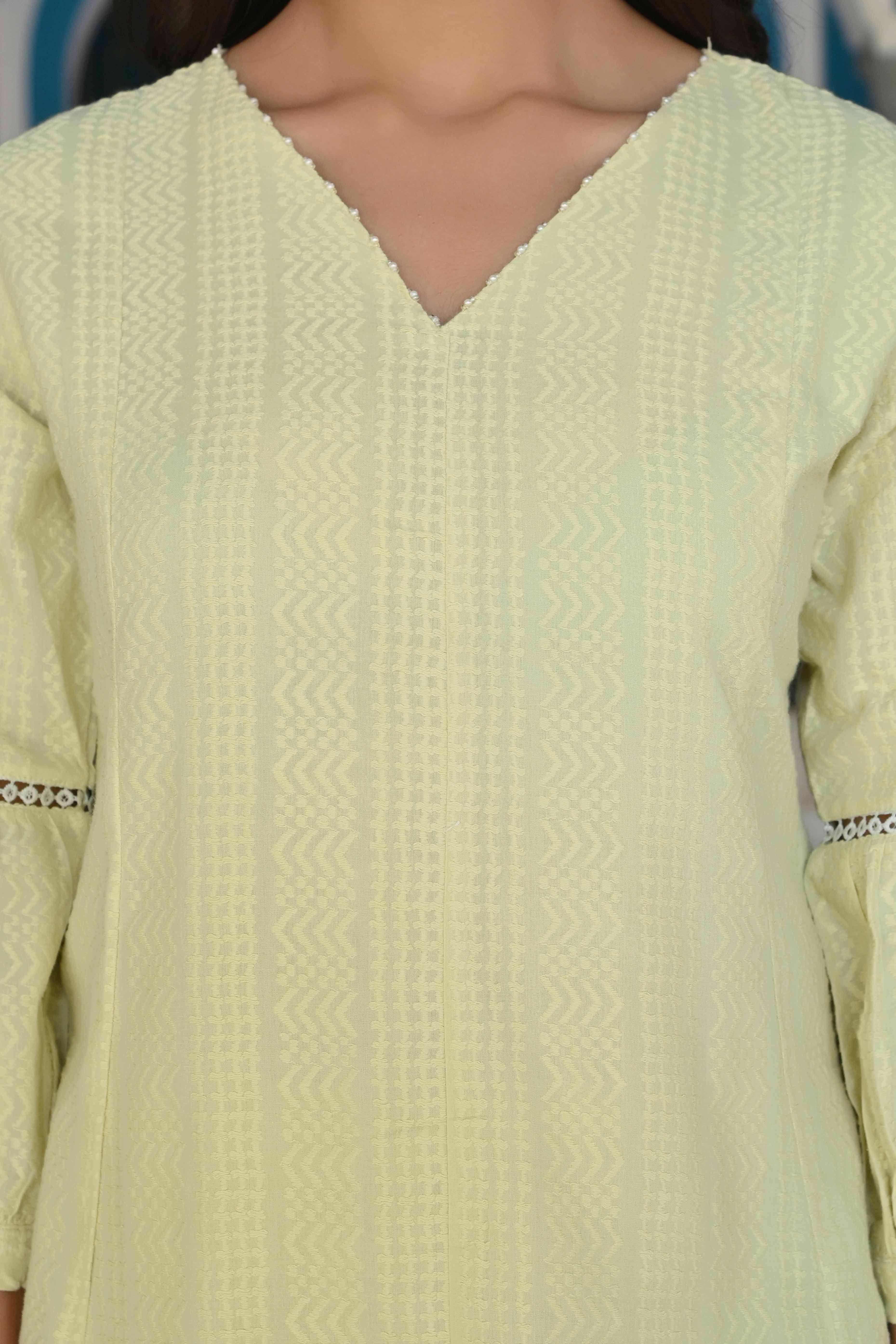 Peachmode Lemon Yellow Dobby Work Pure Cotton Co-Ord Set - view 2