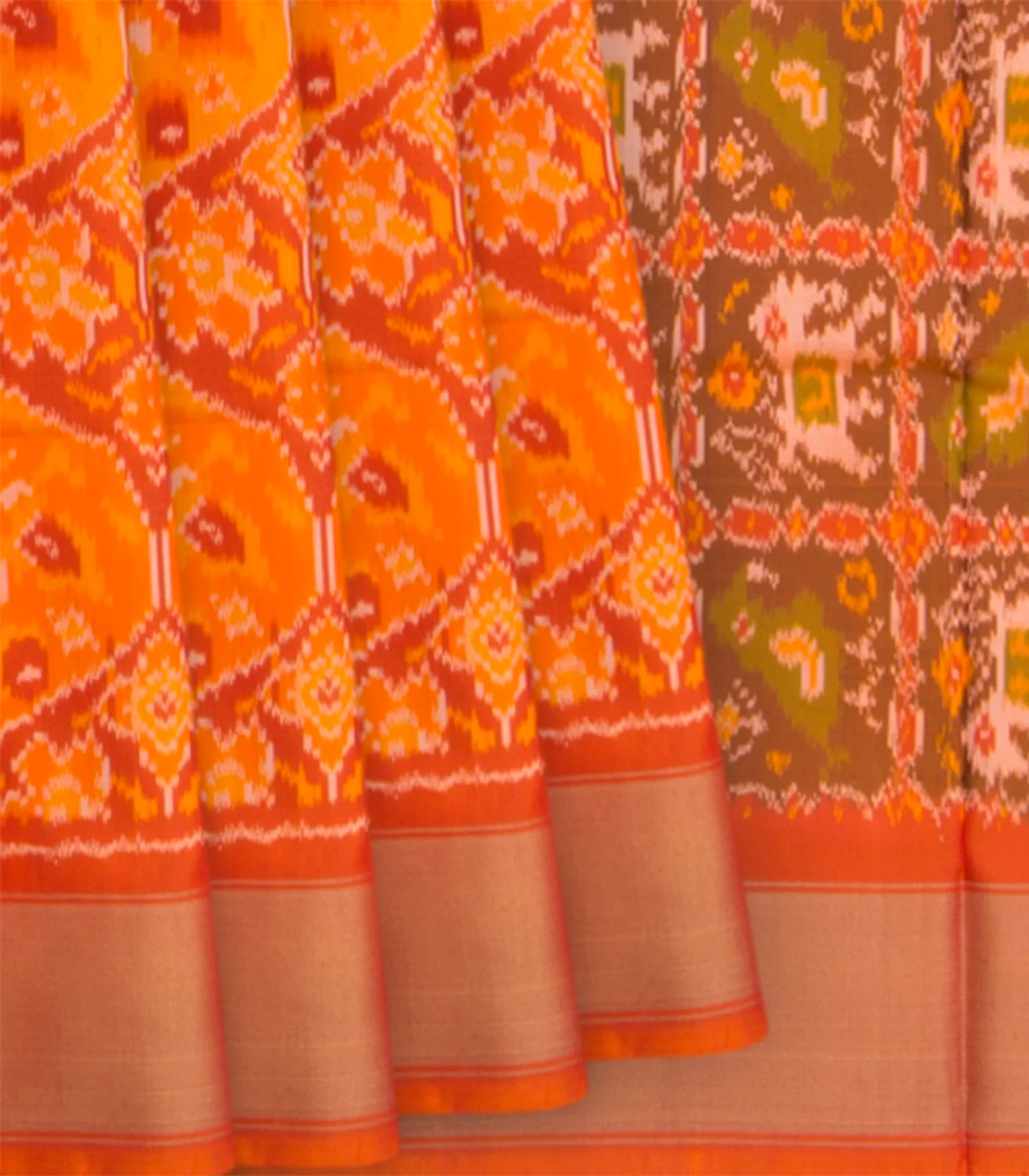 RmKV Orange Handwoven Rajkot Patola Silk Saree With Parrot and Elephant Motifs On Pallu