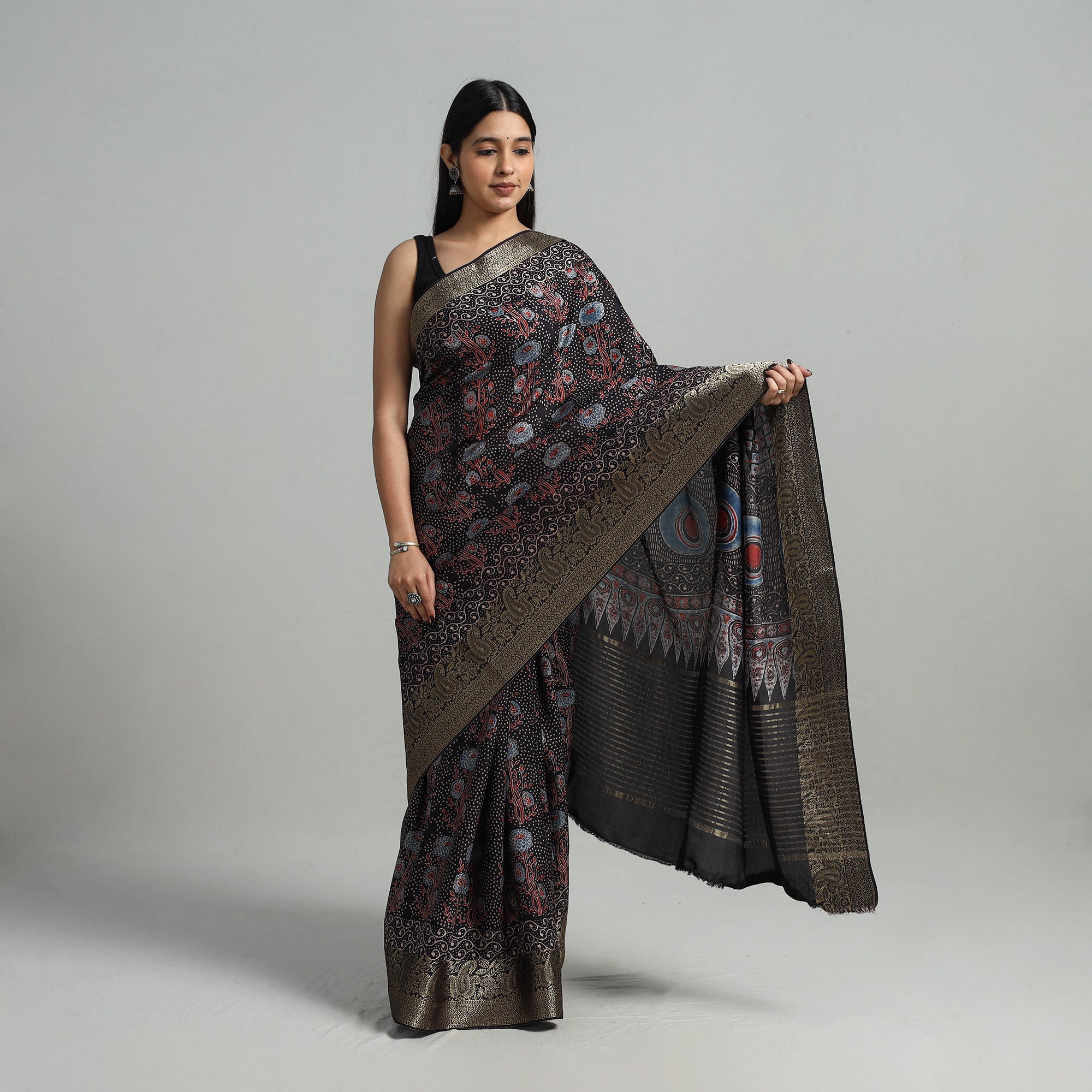 KACHCHH JI CHHAAP Black - Natural Dyed Hand Block Print Dola Silk Ajrakh Saree 05 - view 2