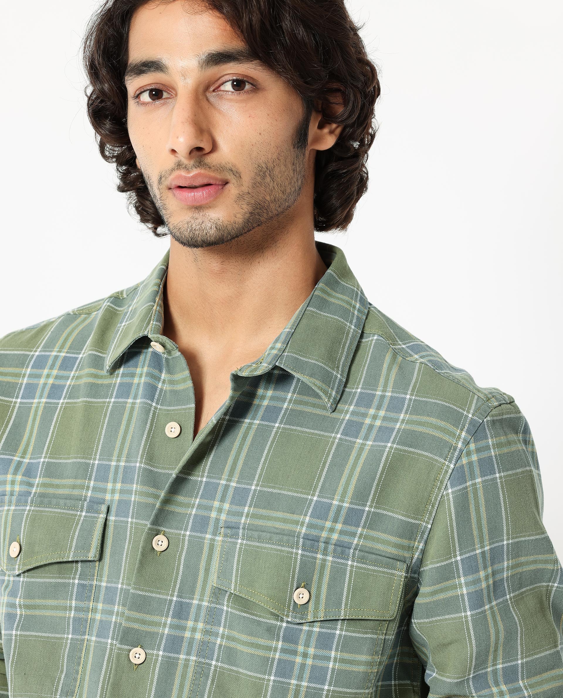 Rare Rabbit Men's Hadsten Green Cotton Fabric Full Sleeves Checks Shirt - view 3