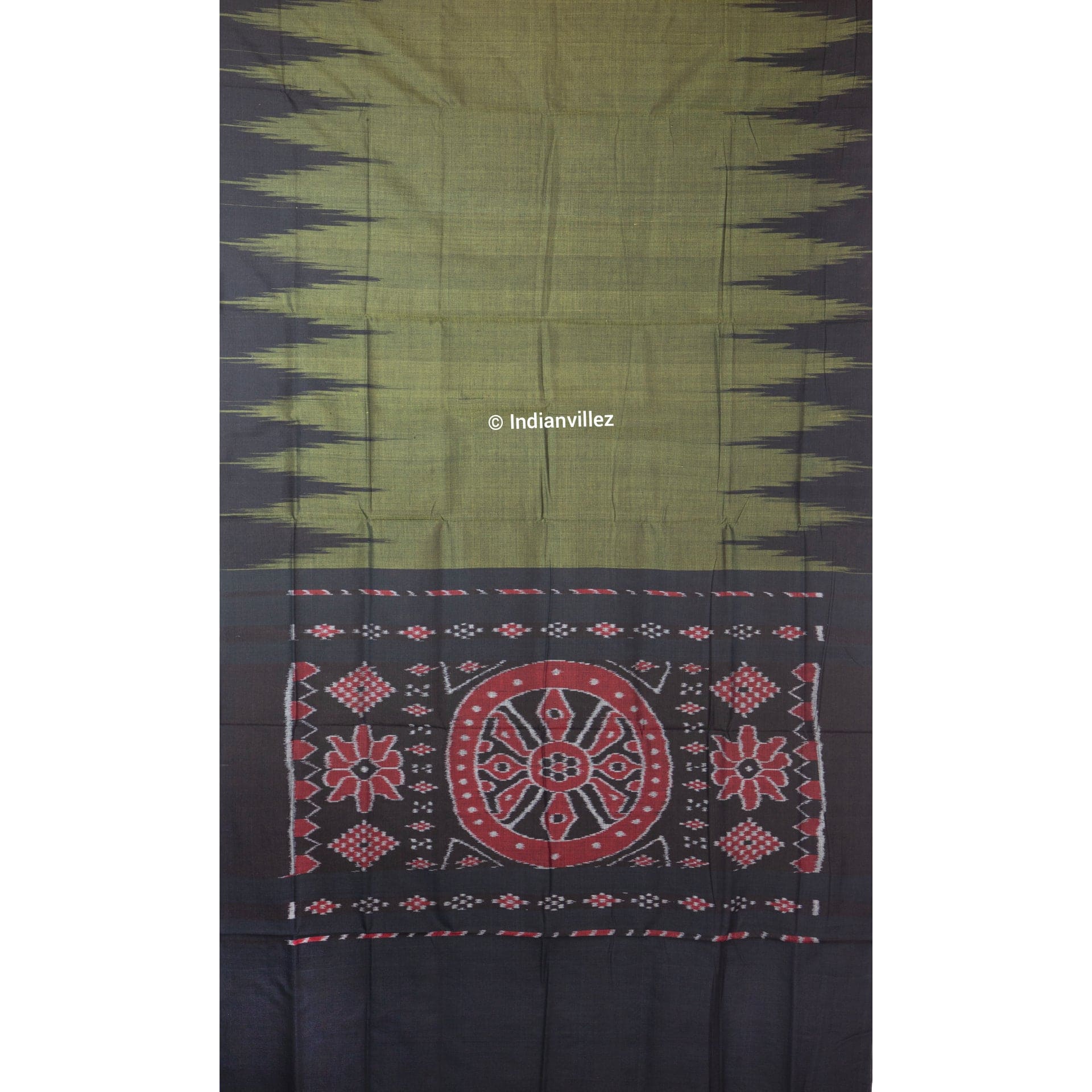 IndianVillèz Army green olive Kargil Kumbha Maniabandha Cotton Saree