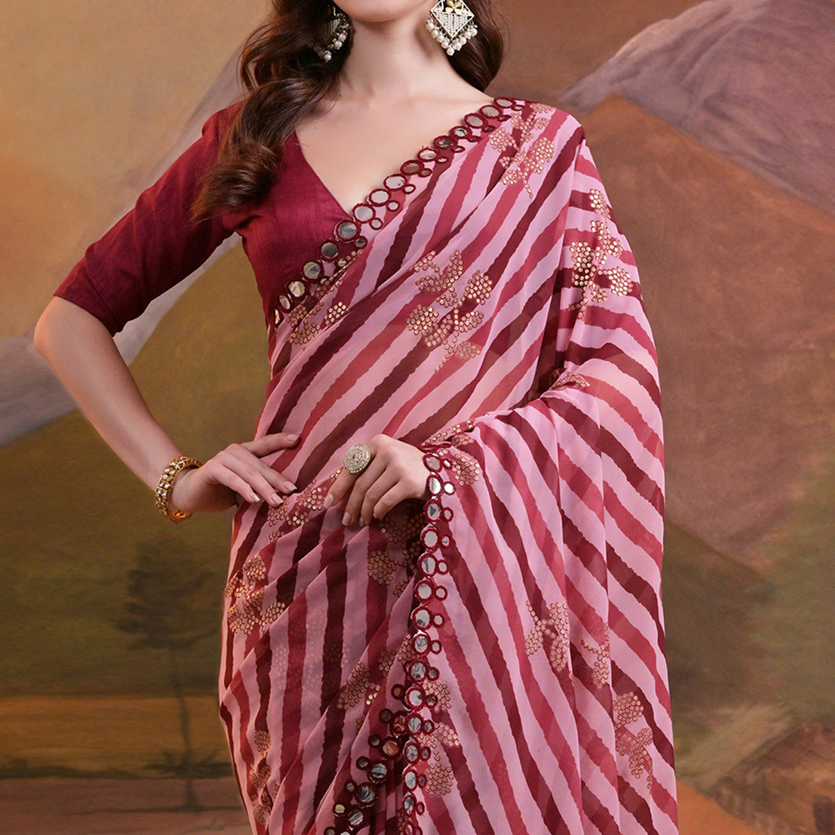 Peachmode Maroon Leheriya With Floral Foil Printed Georgette Saree - view 3