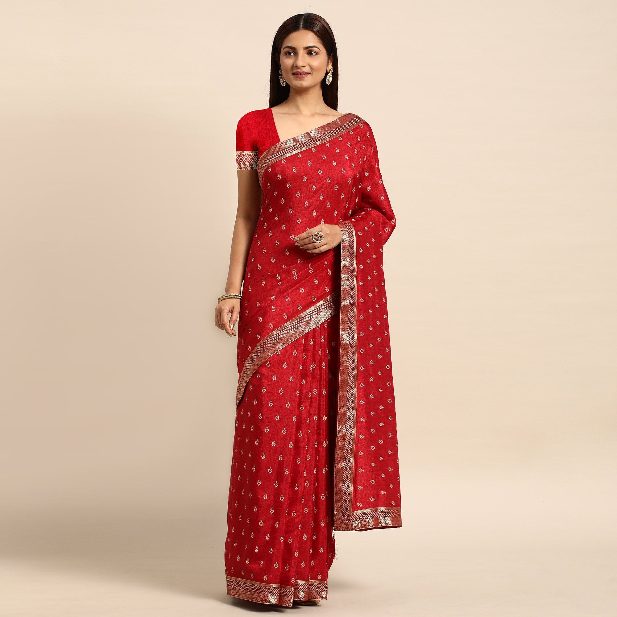 Peachmode Maroon Floral Printed Vichitra Silk Saree With Tassels - view 2