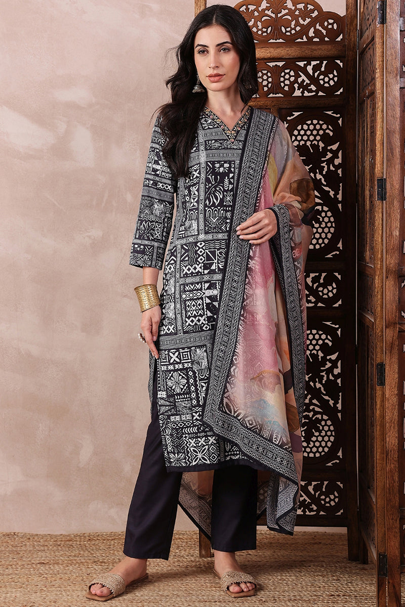 Ahika Black Rayon Blend Geometric Printed Straight Trouser Bottom Suit Set PKSKD2542BLK - view 2