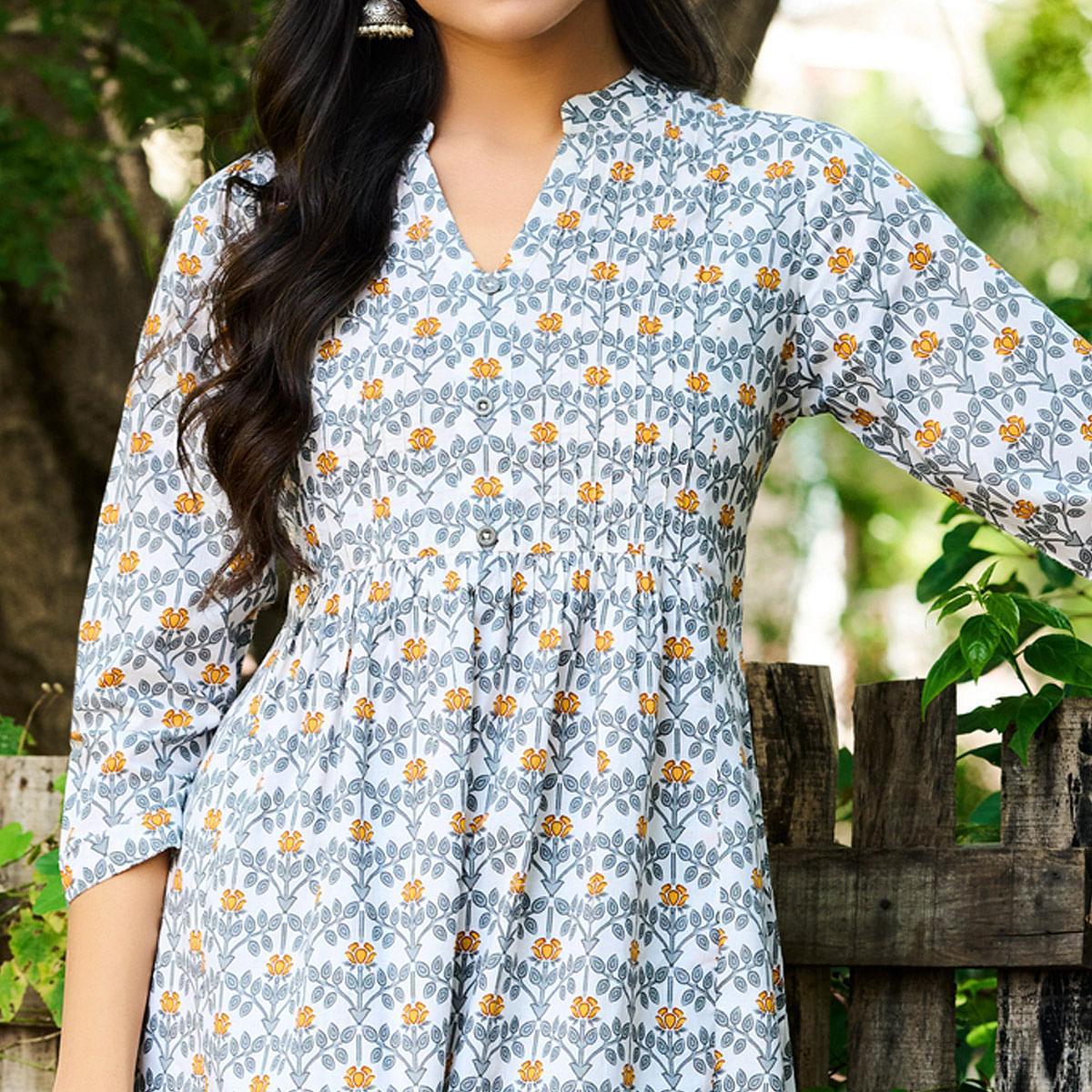 Peachmode Seller Grey-White Casual Wear Floral Printed Pure Cotton Kurti - view 2