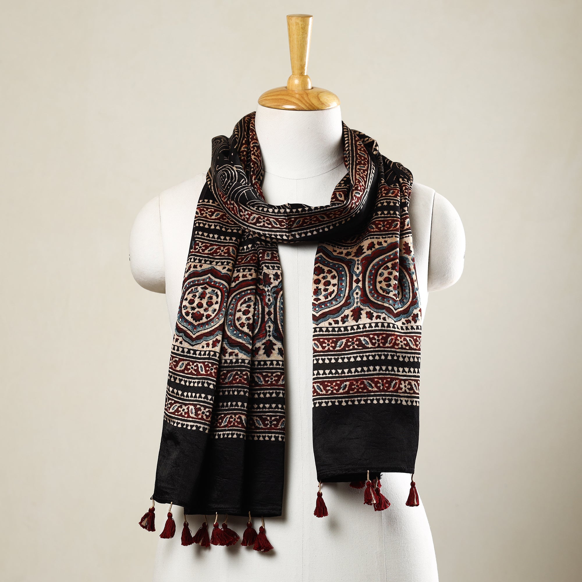 RIYAZ ABDULMAJID KHATRI - AJRAKH Black - Ajrakh Block Printed Mashru Silk Stole with Tassels
