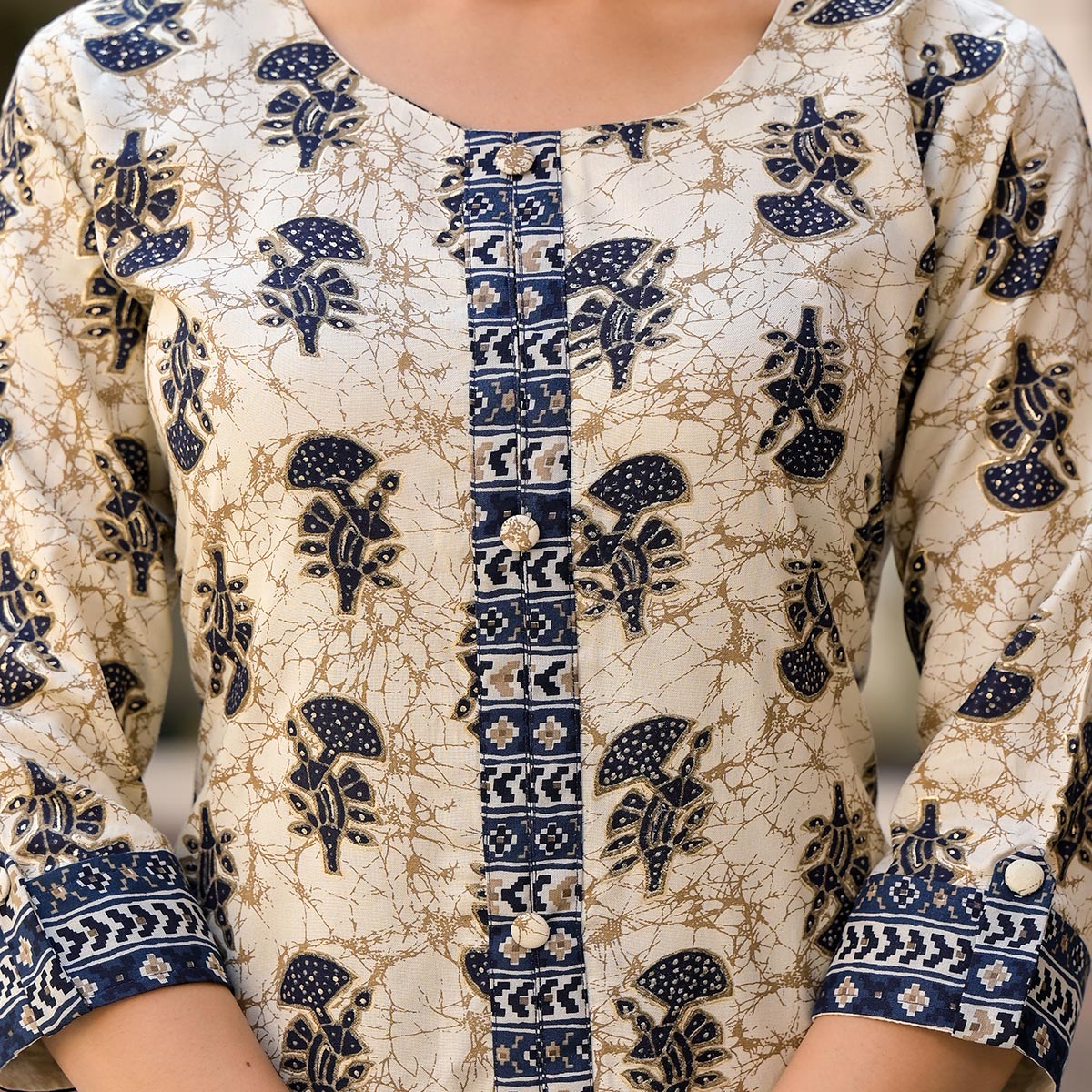 Peachmode Chikoo & Navy Blue Floral Foil Printed Rayon A-Line Salwar Suit - view 3