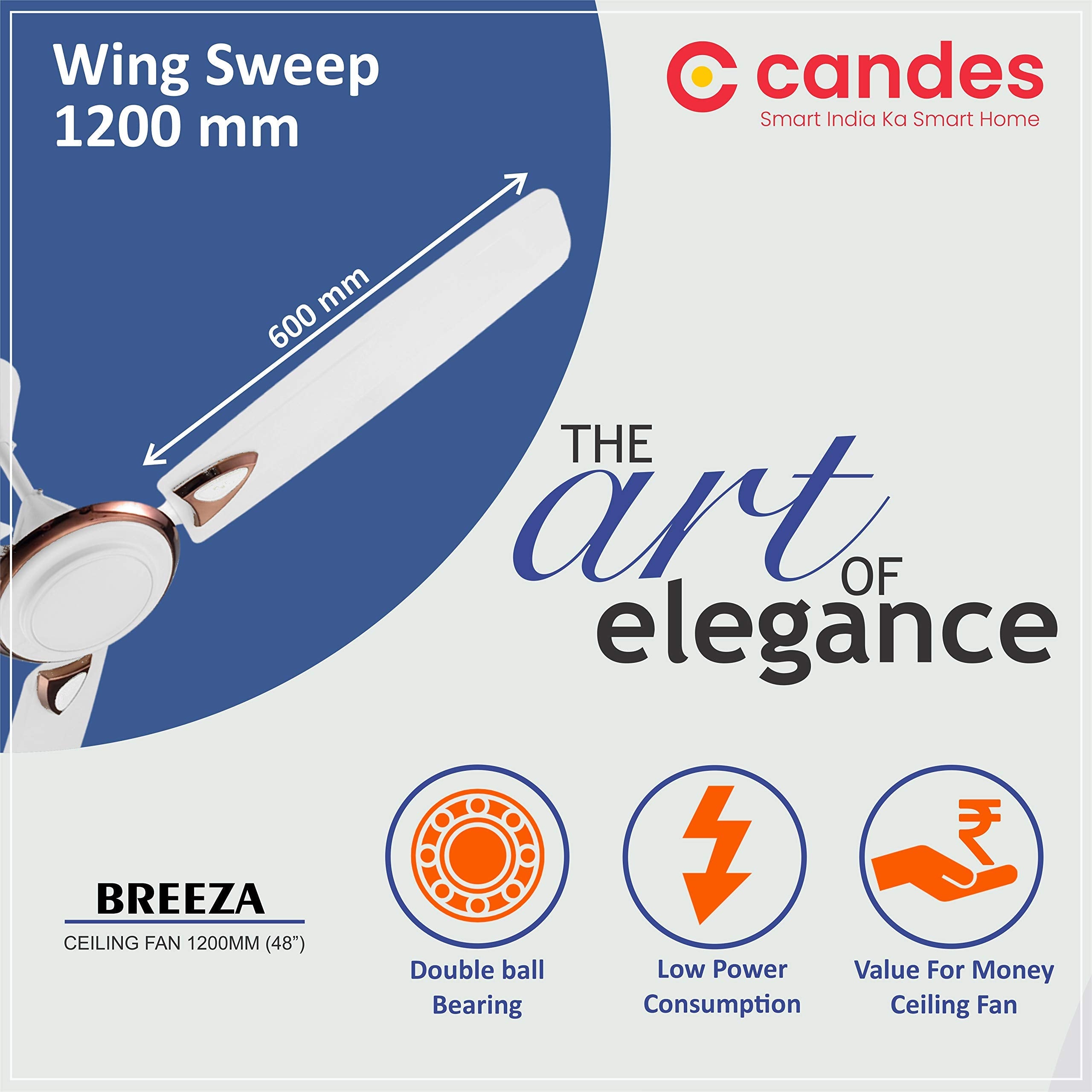 Candes Breeza 1200mm/48 inch High Speed Anti dust Decorative 5 Star Rated Ceiling Fan 400 RPM with 2 Yrs Warranty (Pack of 1,Coffee Brown) (White, Pac - view 3