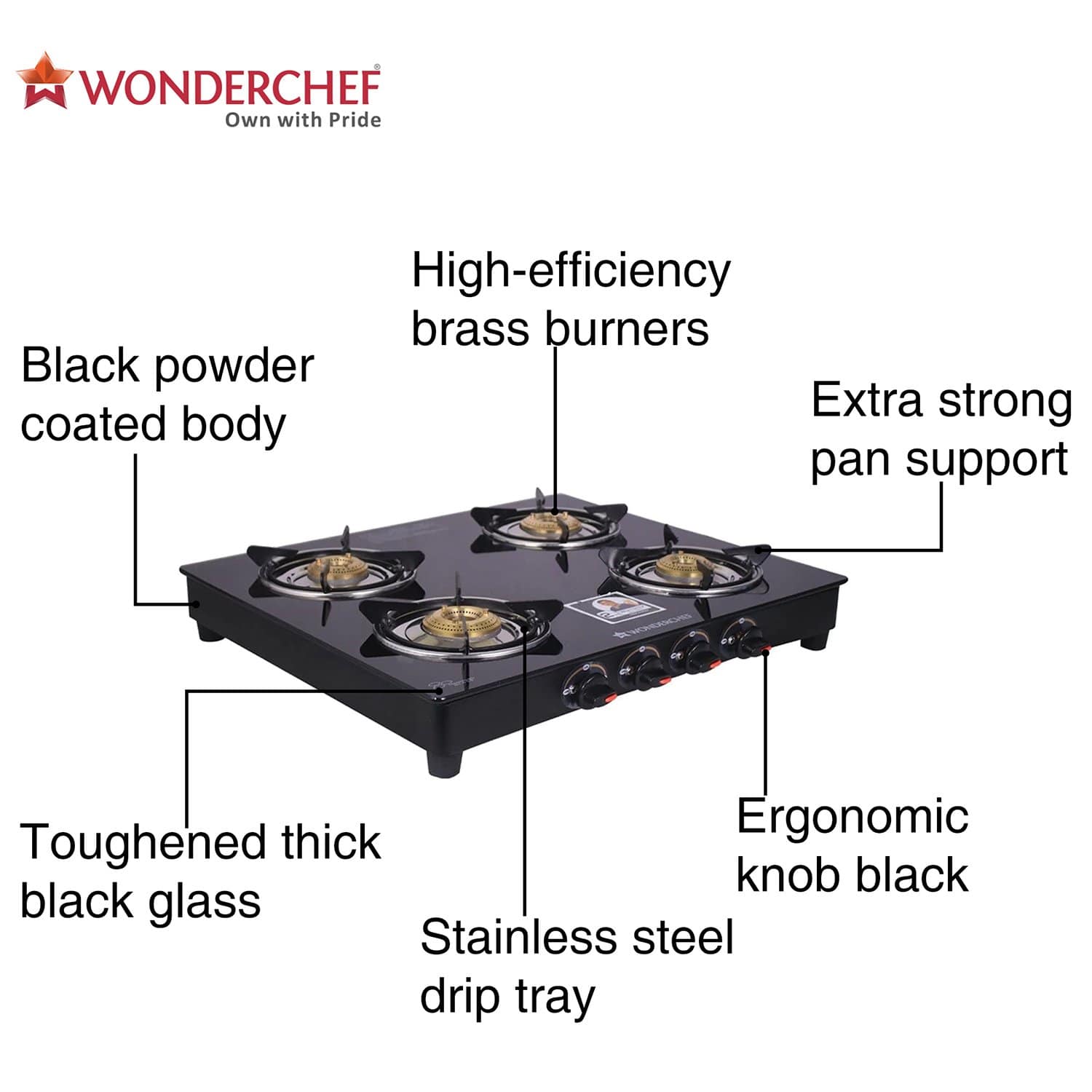 Wonderchef Ruby 4 Burner Glass Cooktop, Black Toughened Glass - view 8