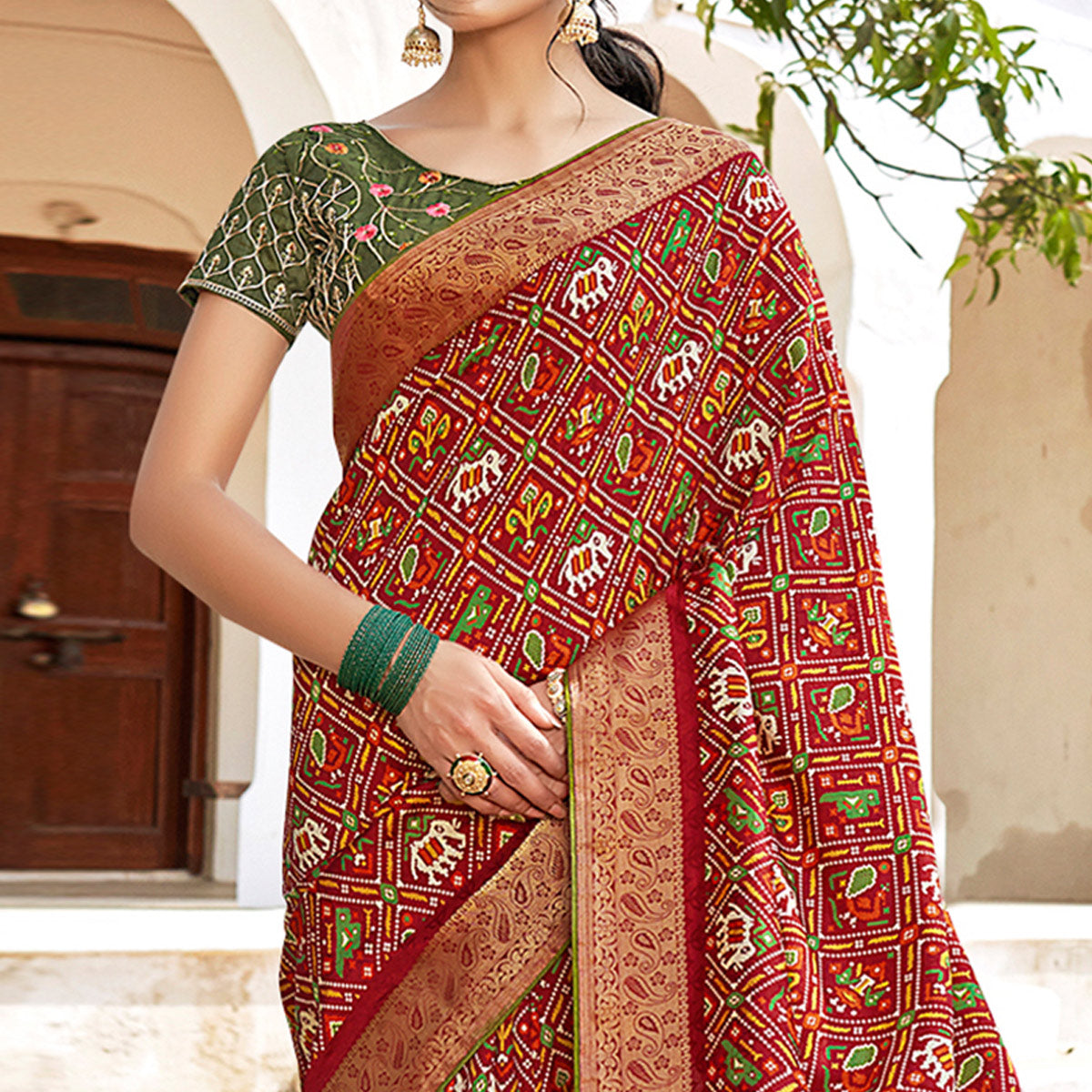 Peachmode Maroon Patola Printed Art Silk Saree - view 2