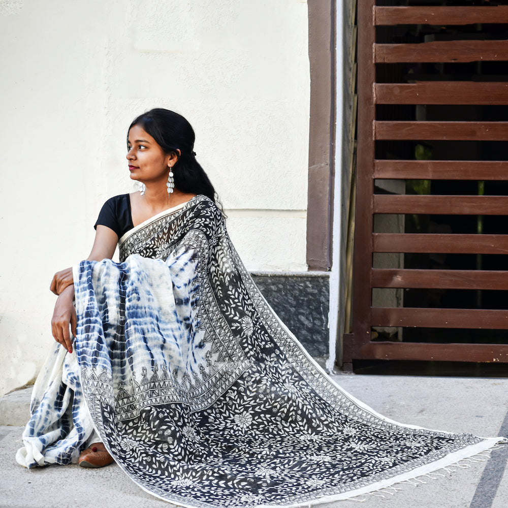 DIORAMA DESIGNS Black - Madhubani Handpainted Floral Handapainted Linen Saree - view 2