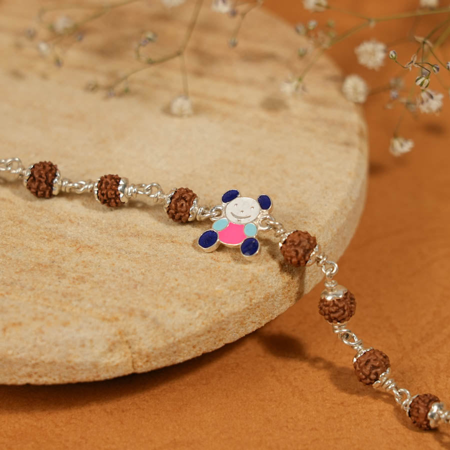 Prinjal Jewellers Rudraksha Silver Bracelet with Colorful Teddy Bear Single Line for Kids