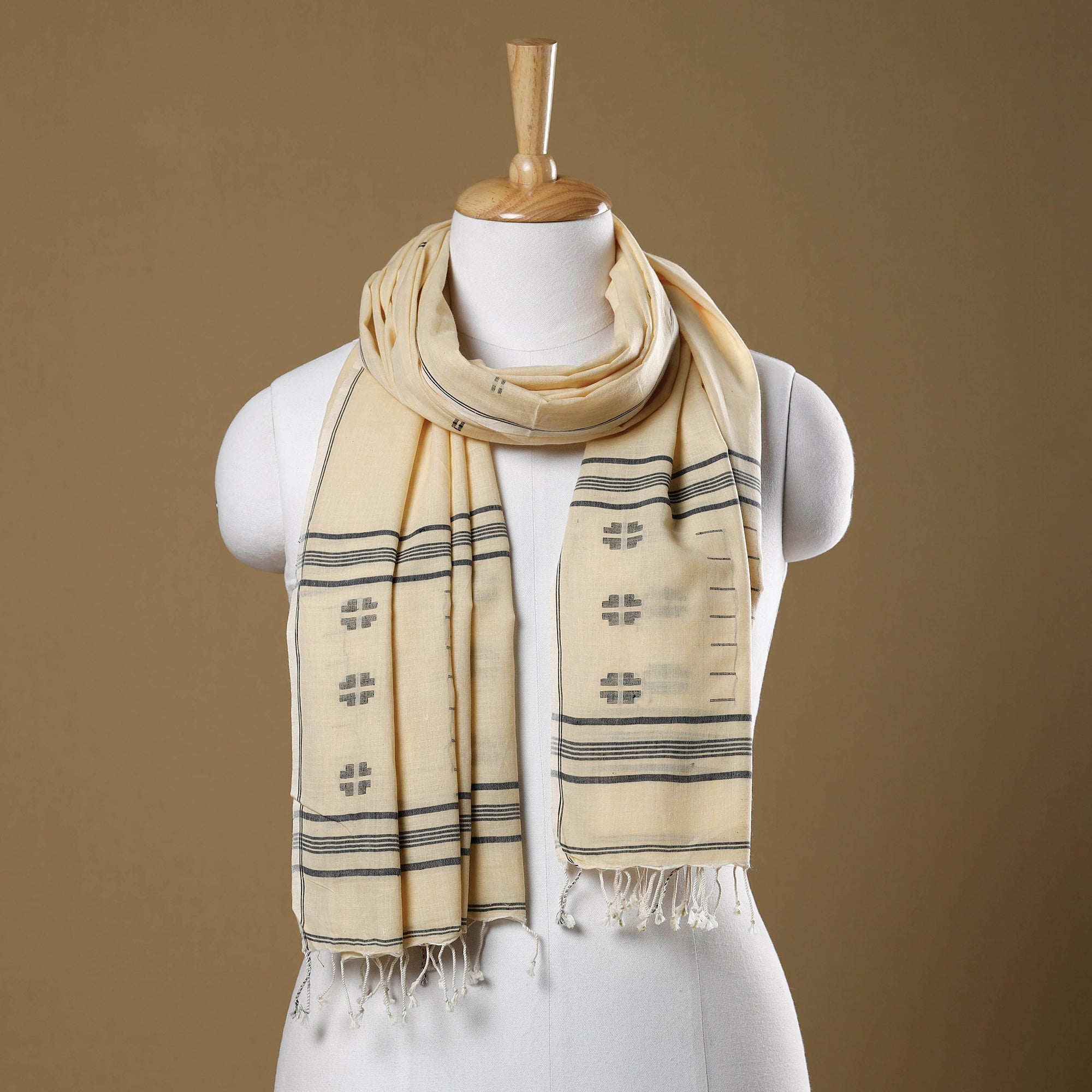 KHUSHBASH - HAPPY LOOM OF EAST Beige - Burdwan Jamdani Buti Handloom Cotton Stole with Tassels