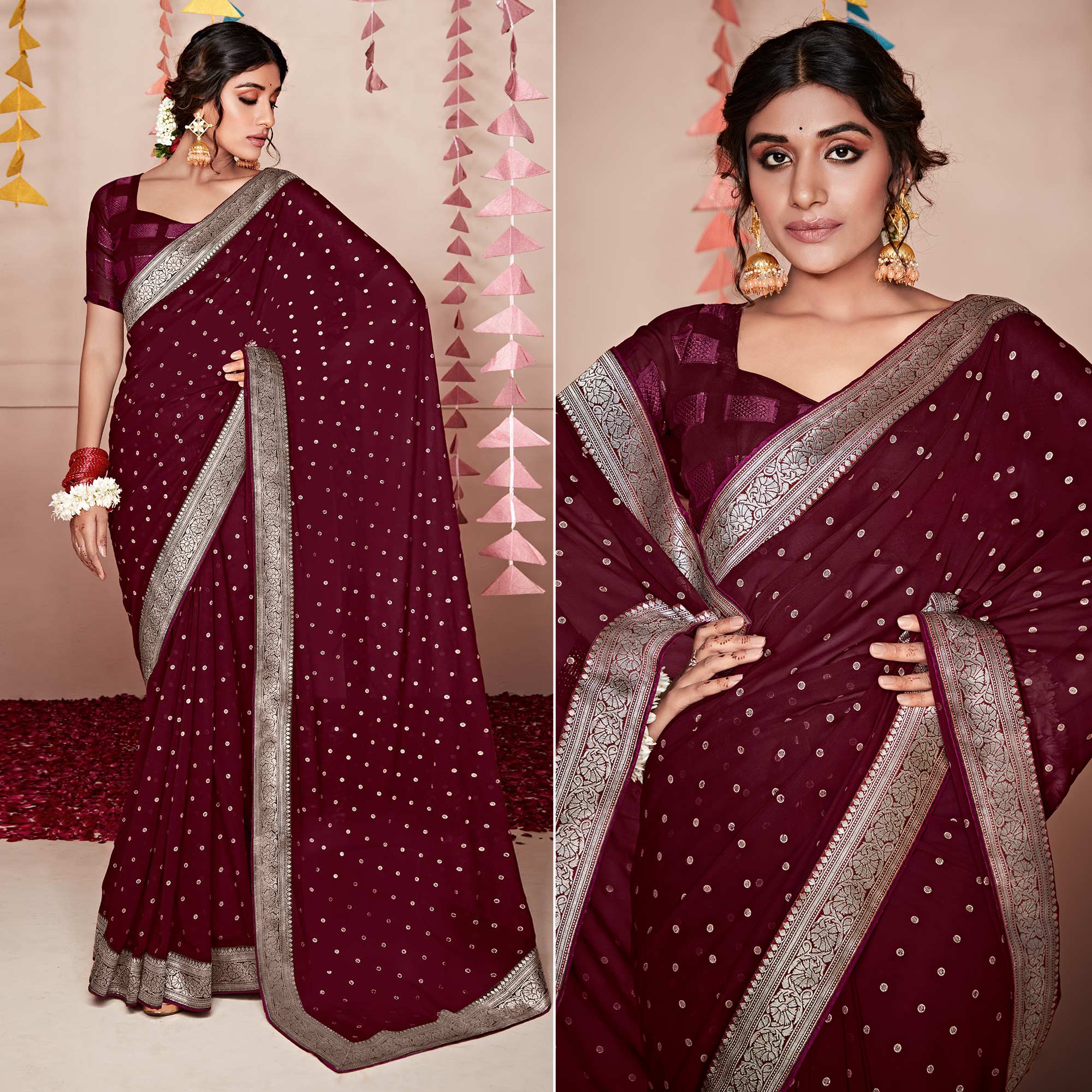 Peachmode Maroon Foil Printed With Woven Border Georgette Saree