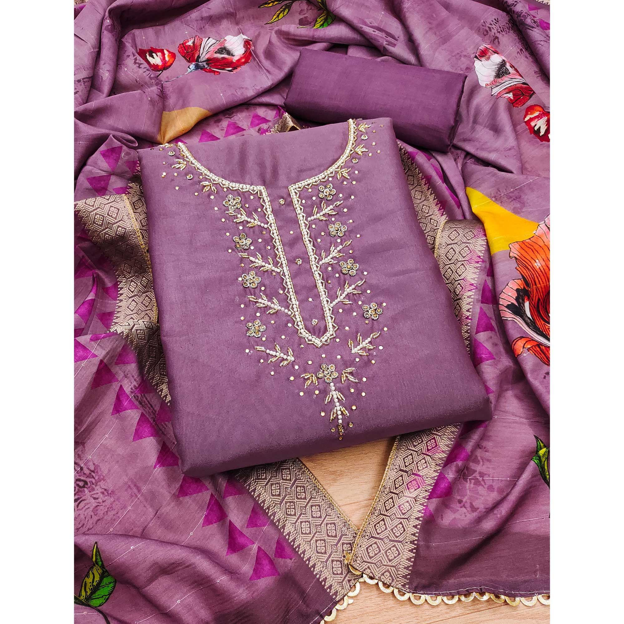 Peachmode Purple Handwork Simmer Jacquard Dress Material - view 3