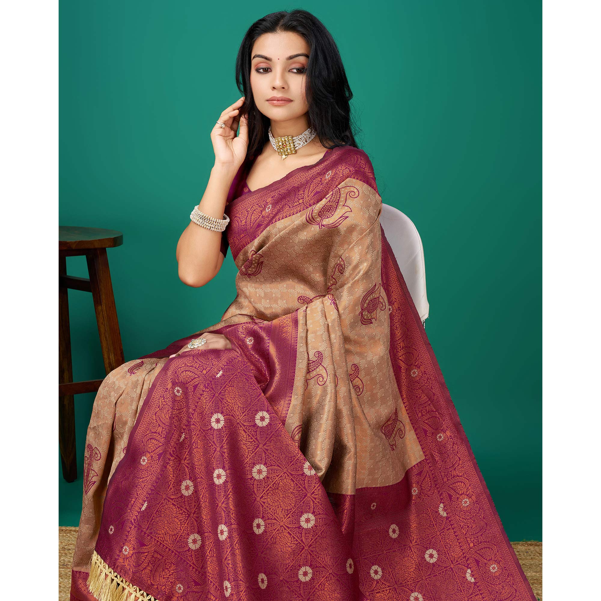 Peachmode Chikoo Zari Woven Banarasi Silk Saree With Tassels - view 6