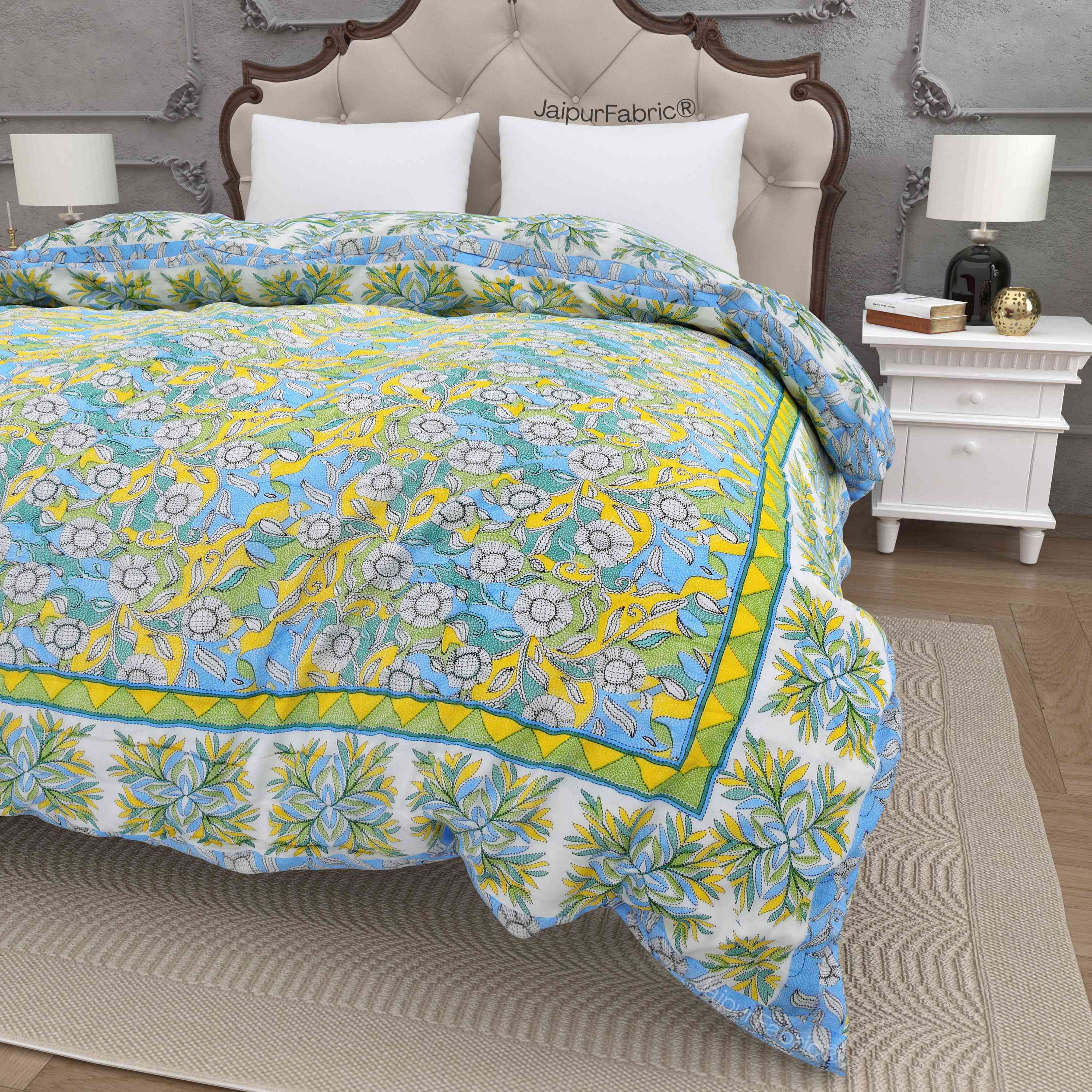 JaipurFabric® Tropical Dreamscape Blue & Green with Lush Floral Patterns Reversible Quilt Double Bed Rajai