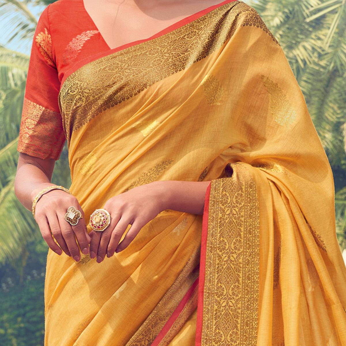 Peachmode Ideal Yellow Colored Festive Wear Woven Cotton Handloom Saree - view 2