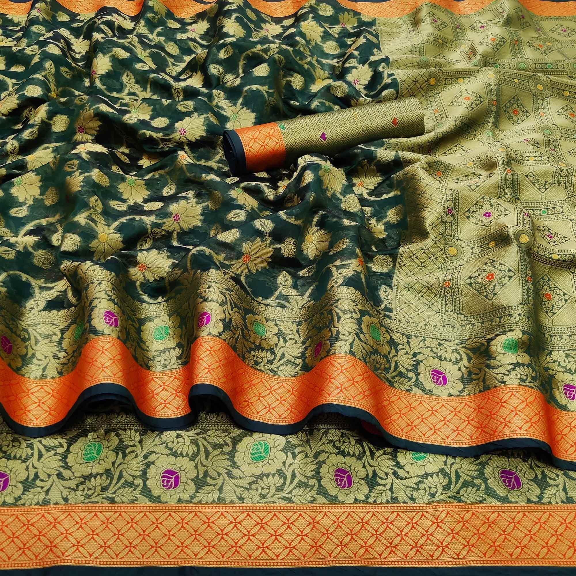 Peachmode Dark Green Festive Wear Floral Woven Organza Saree - view 3