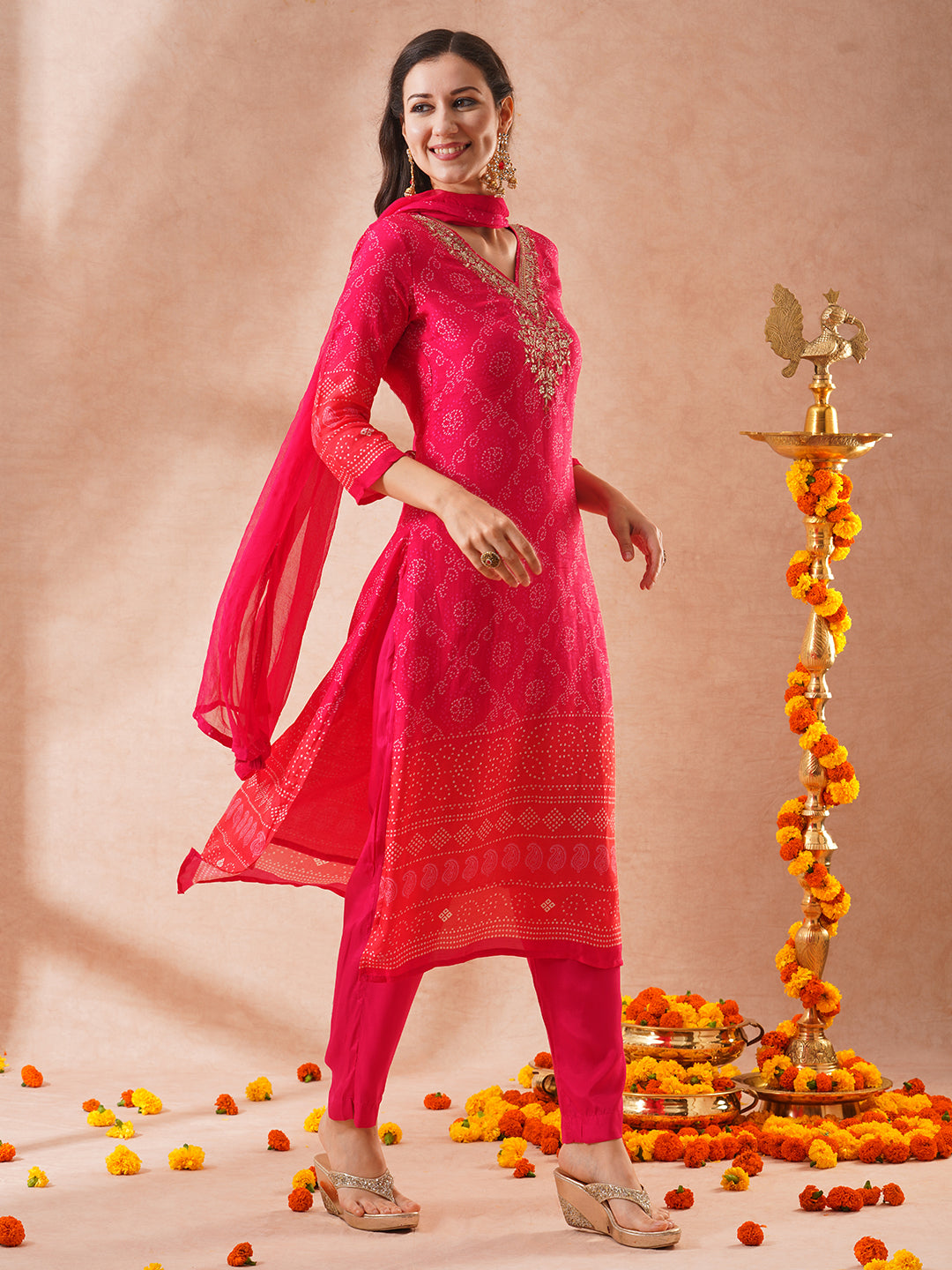 FASHOR Bandhani Printed & Embroidered Straight Fit Kurta with Pant & Dupatta - Pink - view 5