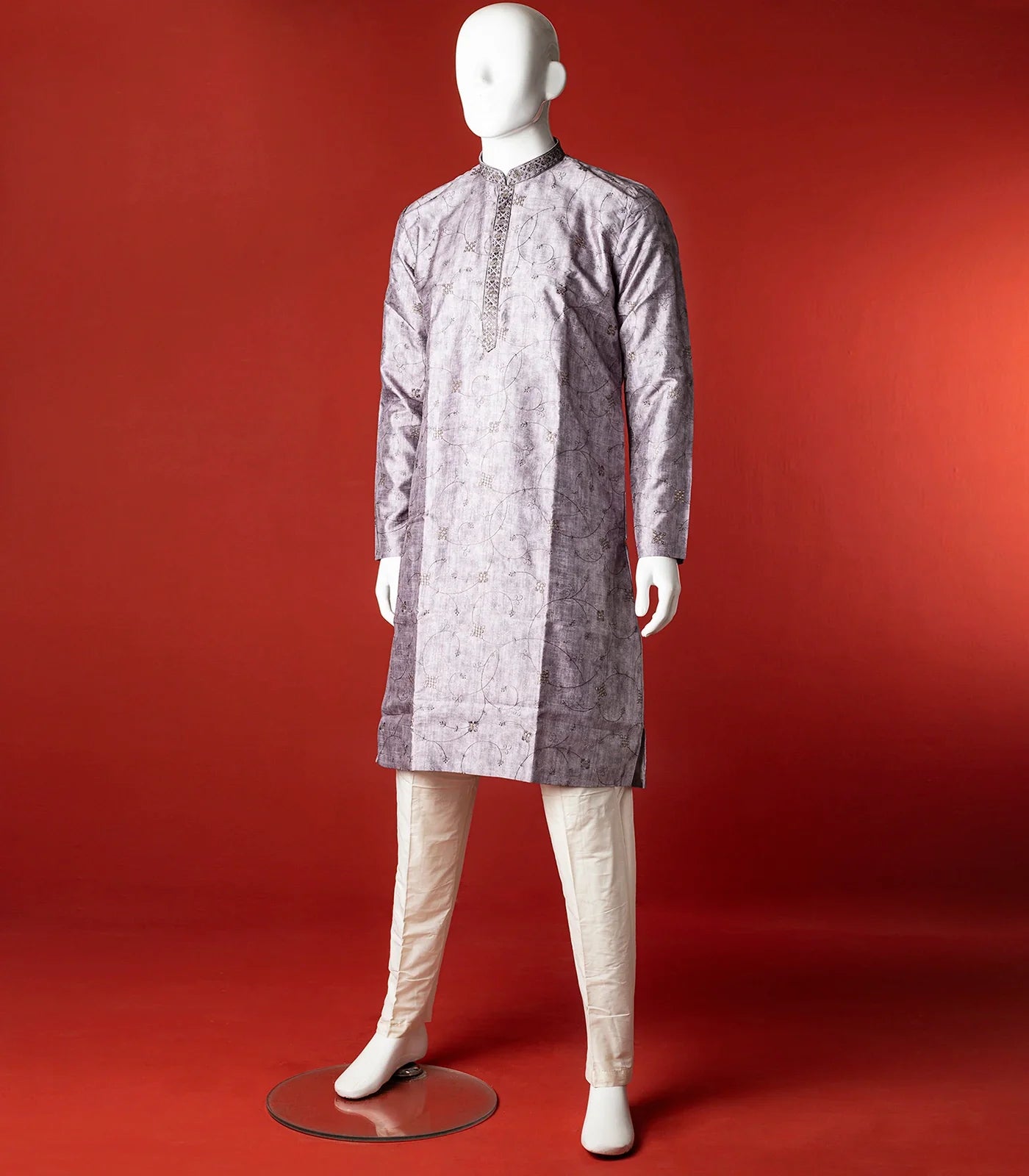 RmKV Grey Floral Embroidered Kurta With White Straight Fit Pants-Grey - view 2