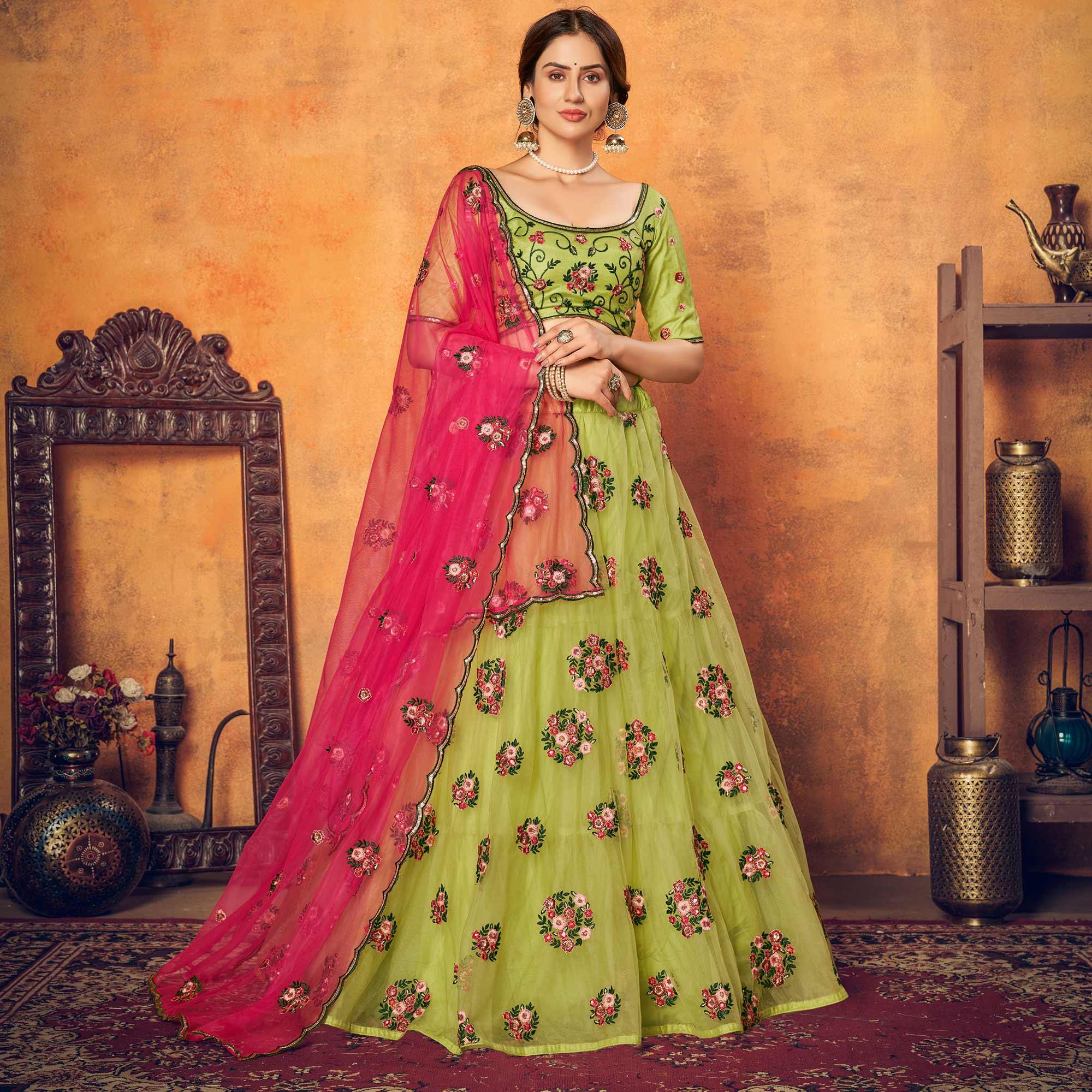 Peachmode Floracance Green Festive Wear Thread With Floral Sequins Embroidered Net Lehenga Choli