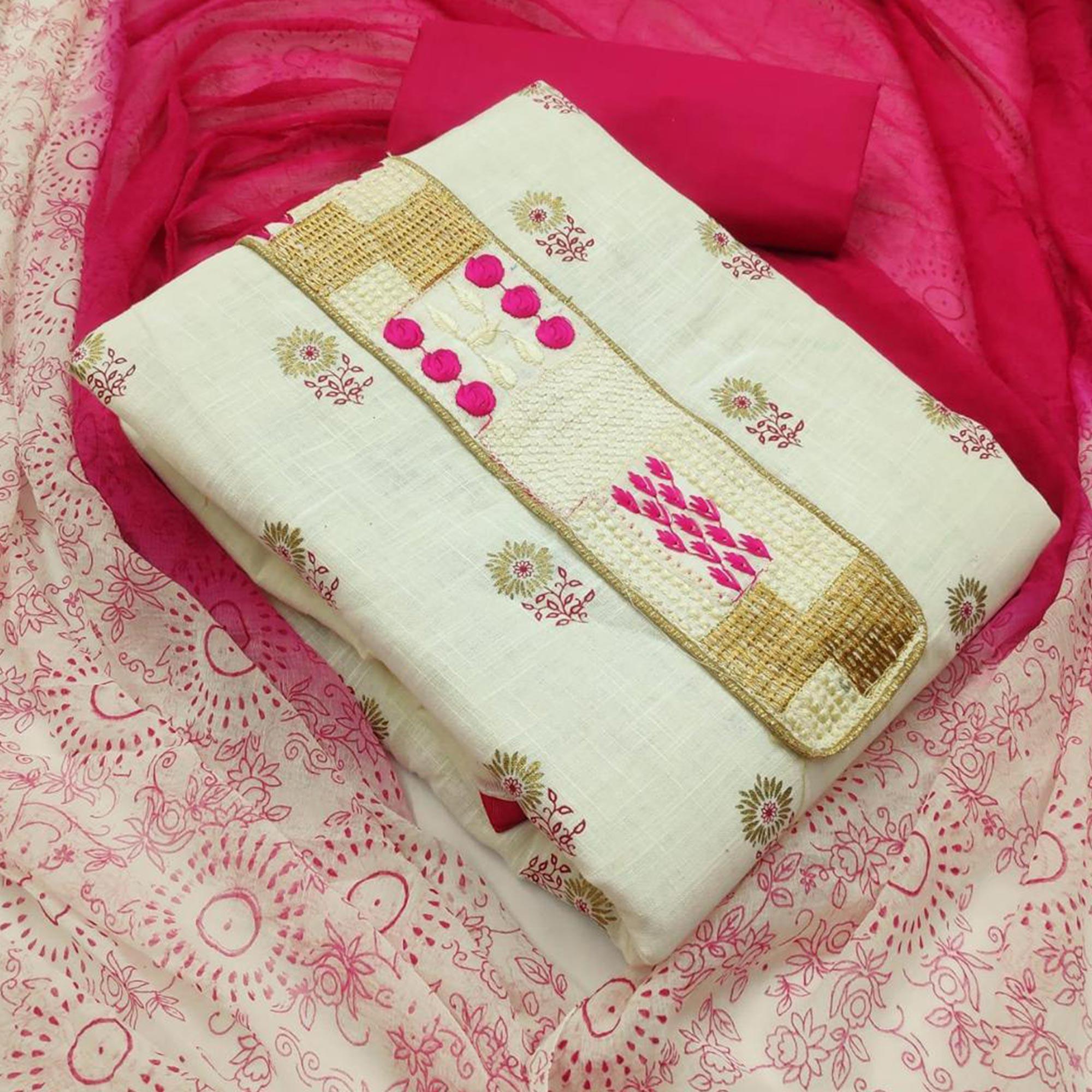 Peachmode Flirty White - Pink Colored Casual Wear Embroidered Cotton Dress Material