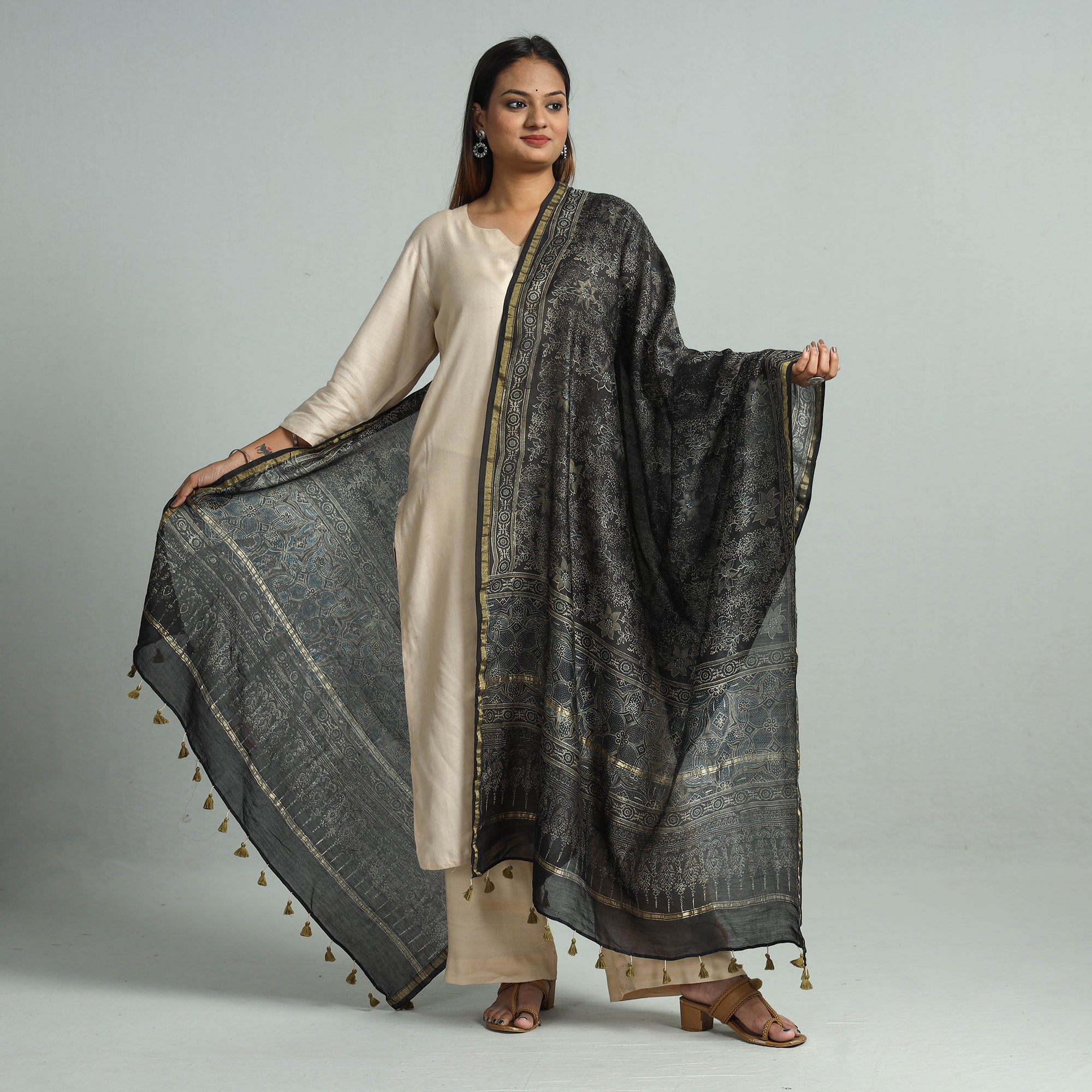 AJRAKH BY SUFIYAN ISMAIL KHATRI Black - Block Print Chanderi Silk Handloom Ajrakh Dupatta 37