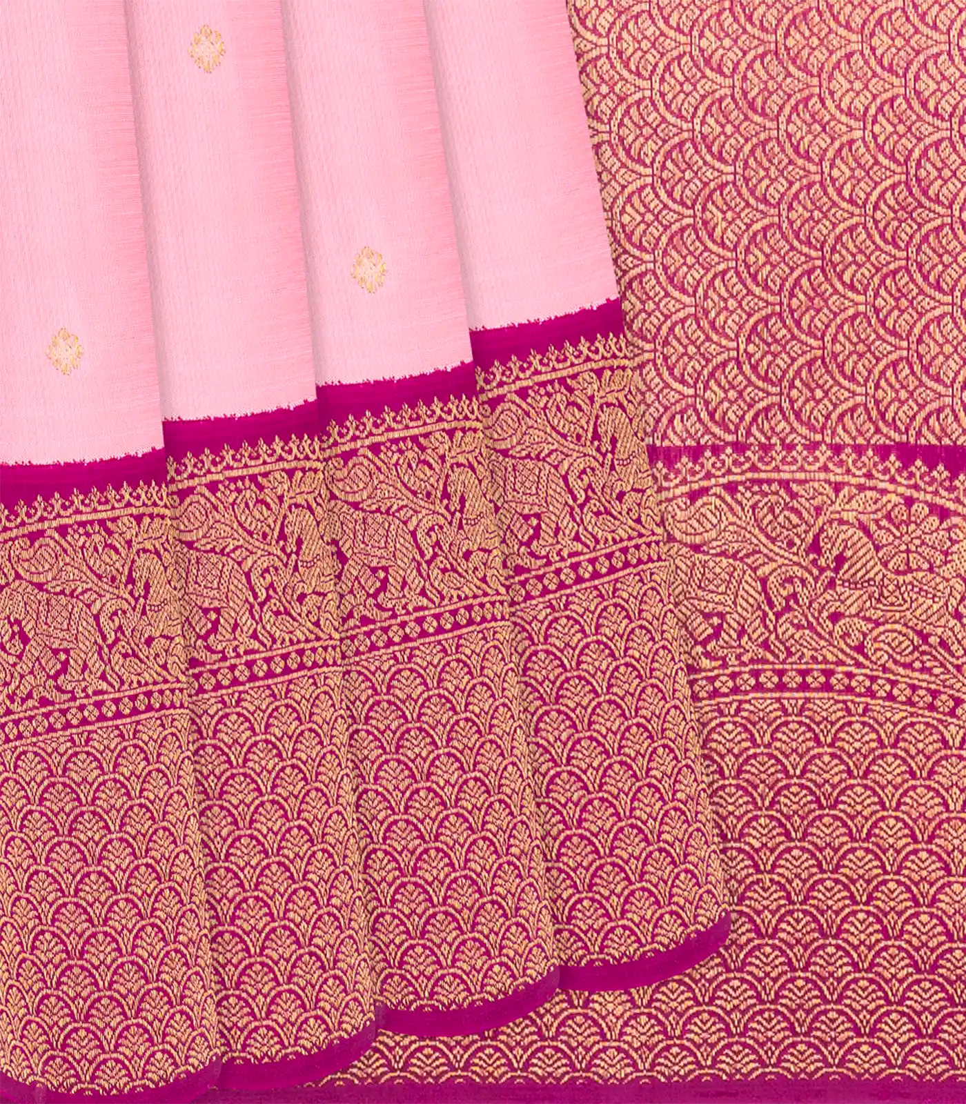 RmKV Baby Pink Handloom Kanchipuram Korvai Silk Saree With Kamalam Motifs-Baby Pink