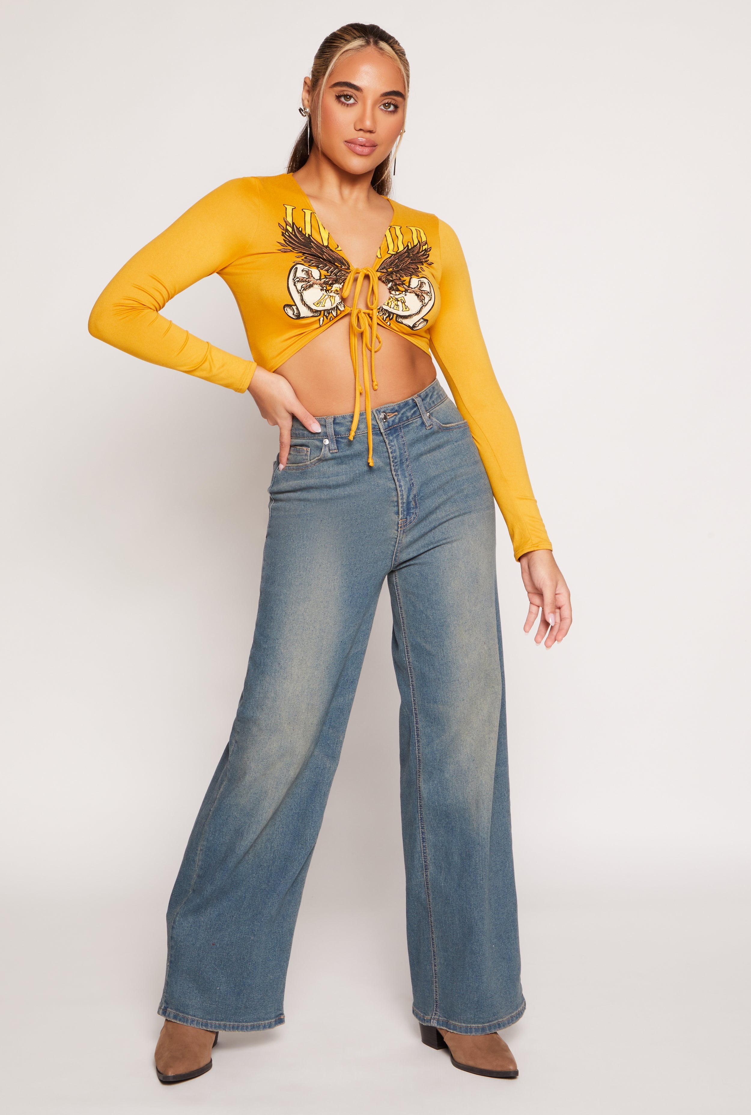 Rainbow Shops Graphic Double Tie Front Crop Top - view 2