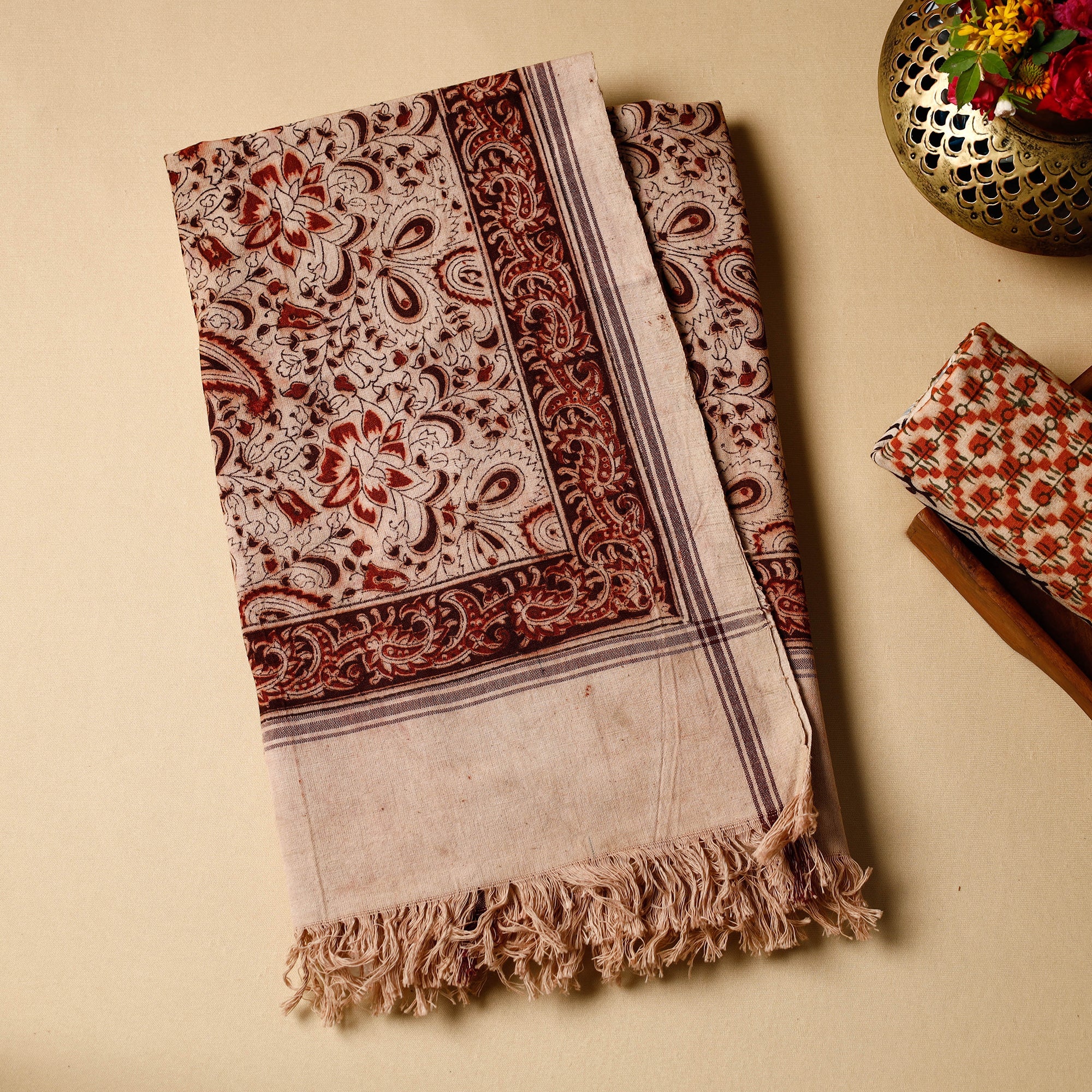 PITCHUKA SRINIVAS KALAMKARI PEDANA Beige - Pedana Kalamkari Block Printed Handloom Cotton Towel