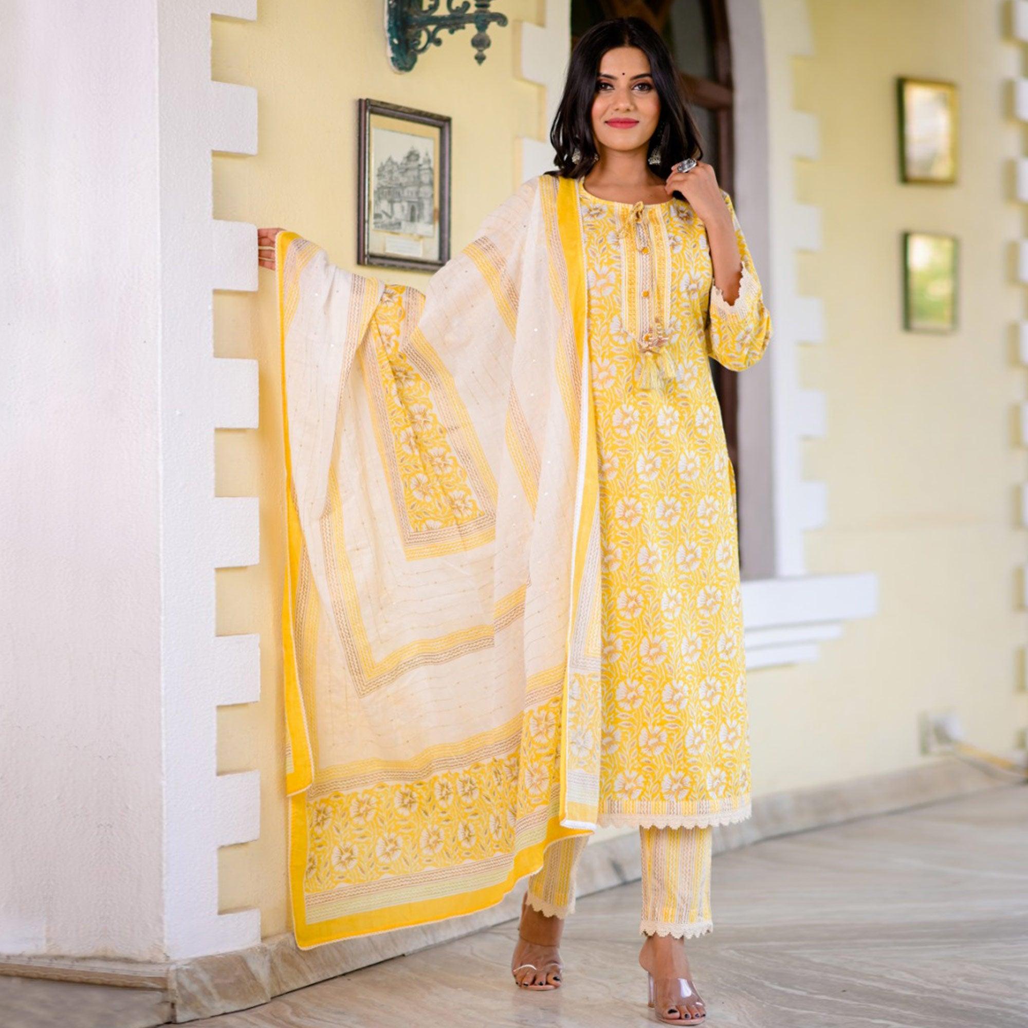 Peachmode Flamboyant Yellow Colored Casual Printed Cotton Kurti Palazzo Set With Dupatta