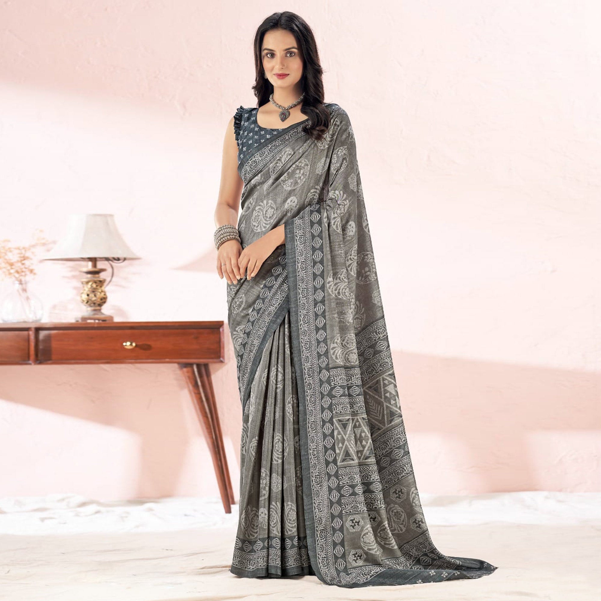 Peachmode Grey Printed Tussar Silk Saree – Women's