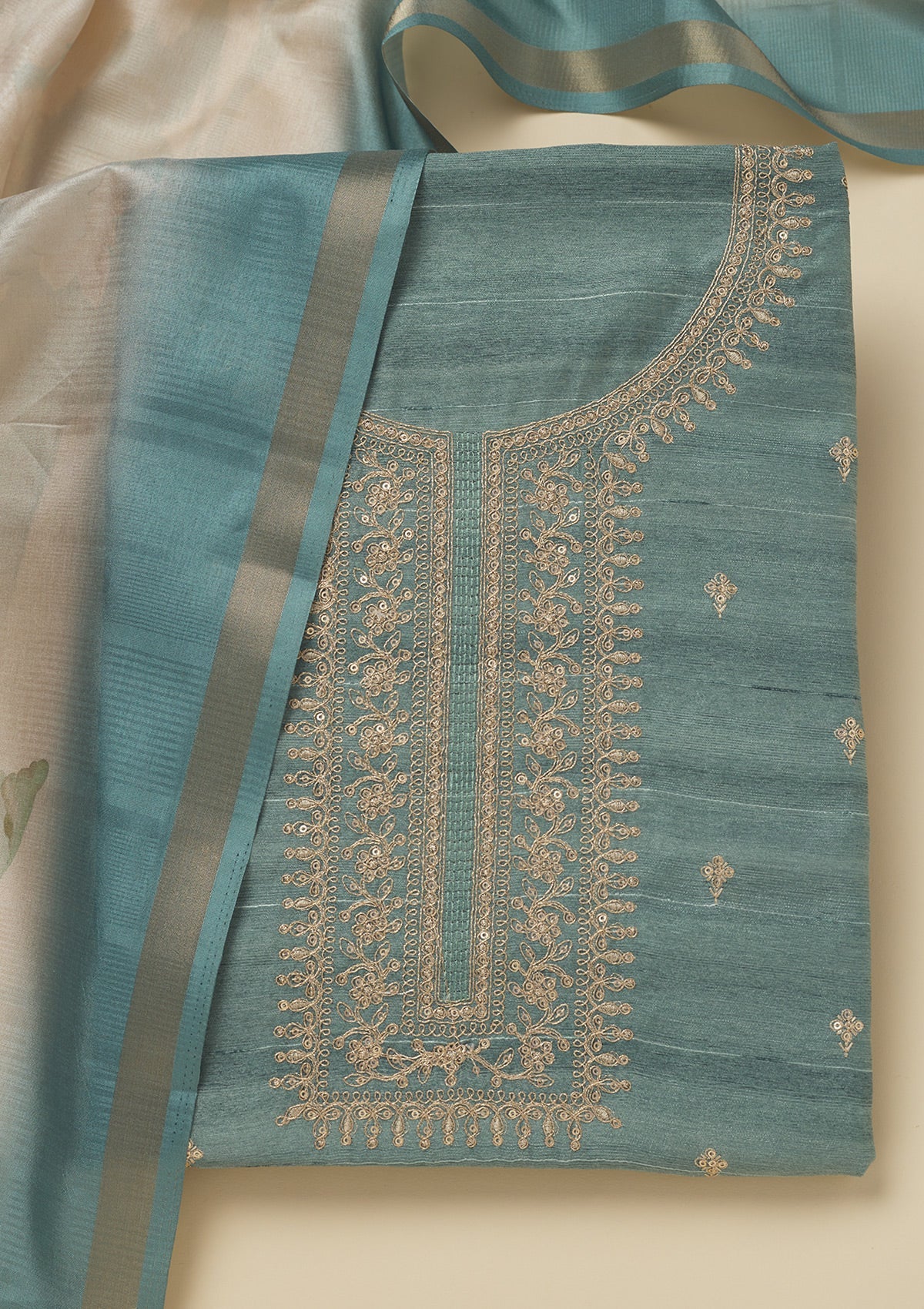 Koskii Sea Green Zariwork Raw Silk Unstitched Salwar Suit - view 6