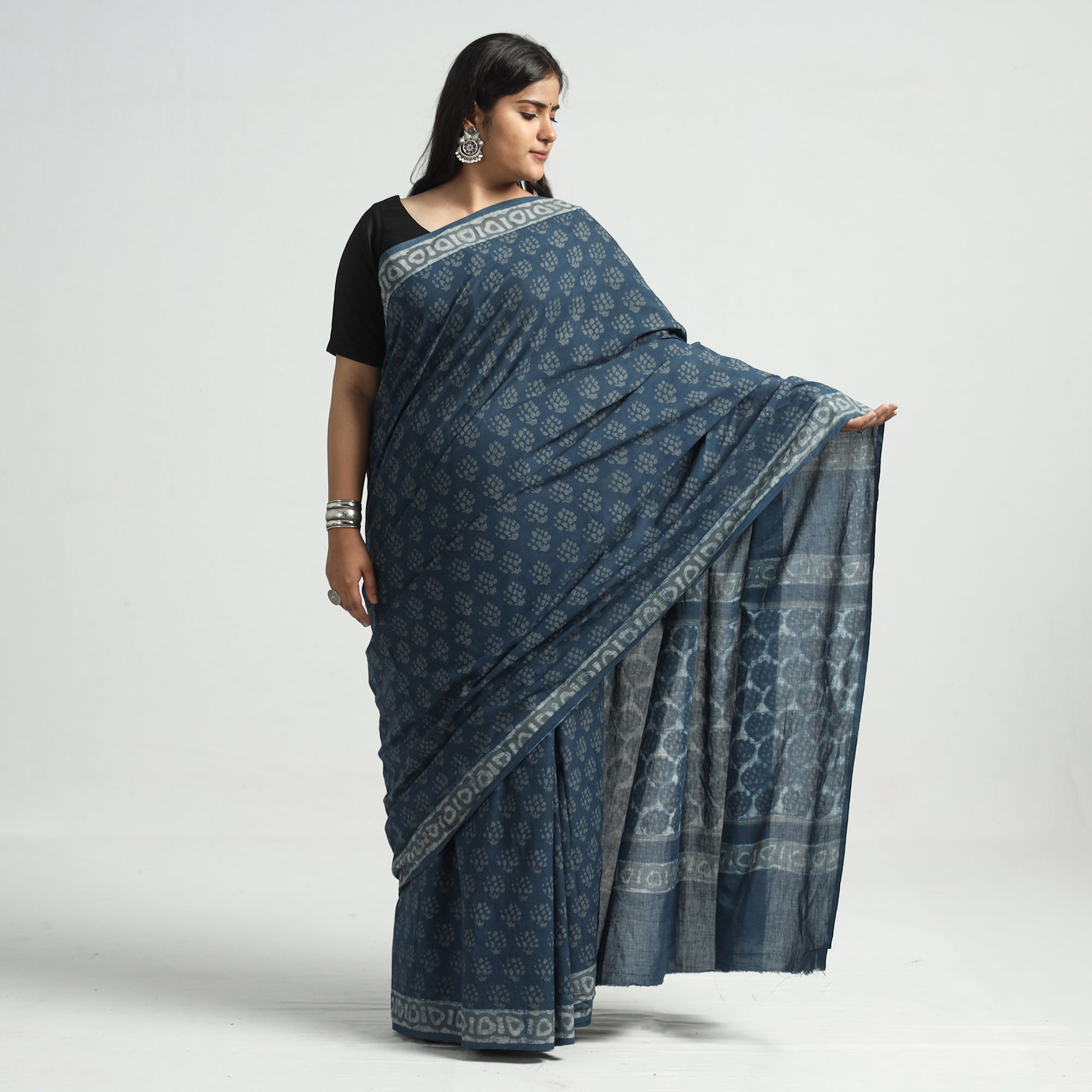 HAVELI CHRONICLES Blue - Akola Hand Block Printed Cotton Saree - view 2