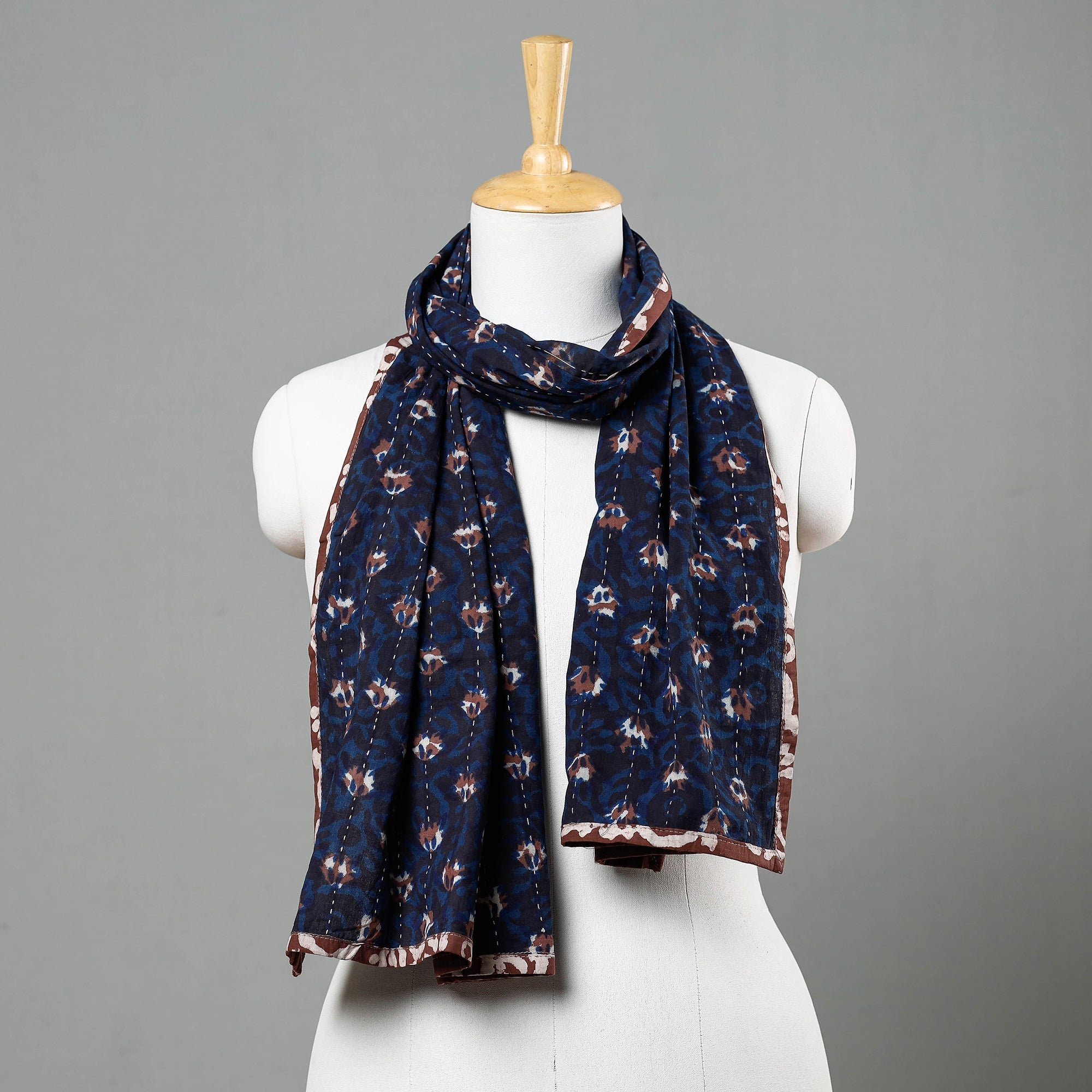 ARTISAN HAND BLOCK PRINTS Blue - Bagru Block Printed Tagai Work Cotton Stole