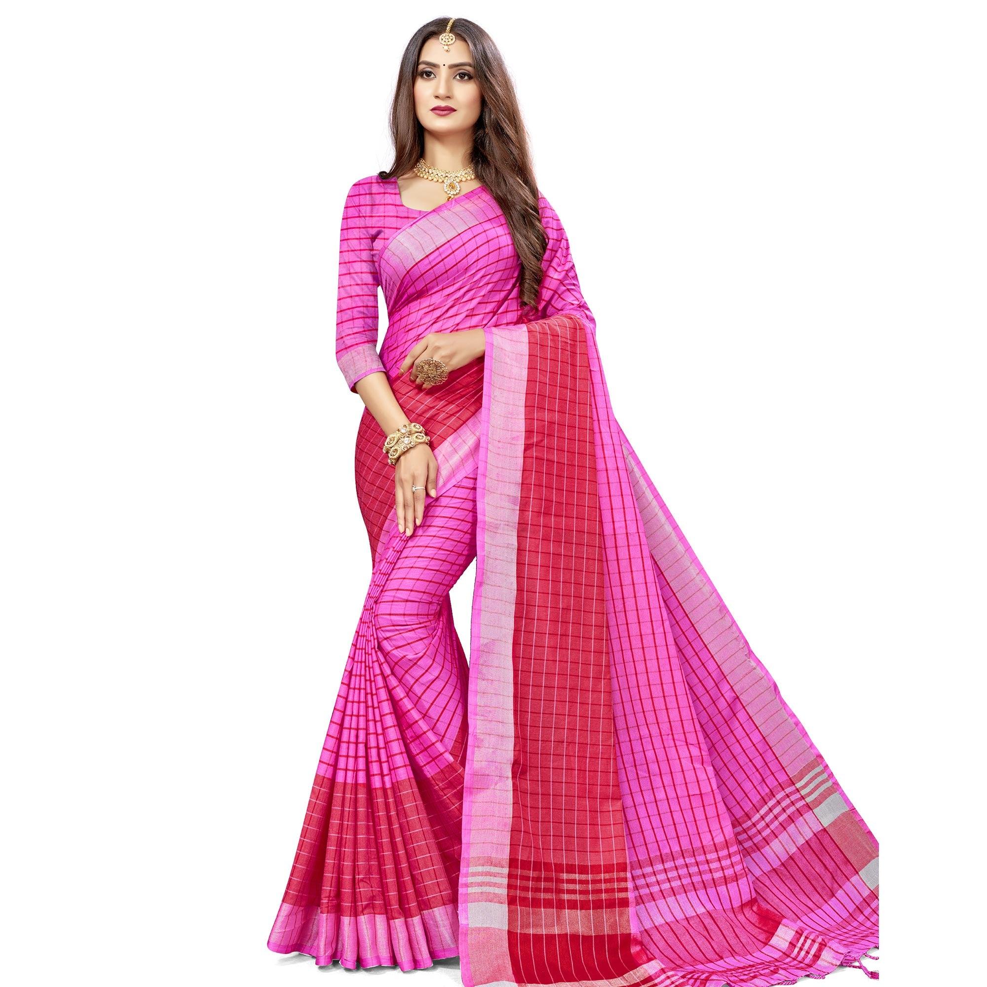 Peachmode Engrossing Pink Colored Fesive Wear Checks Print Cotton Silk Saree With Tassels
