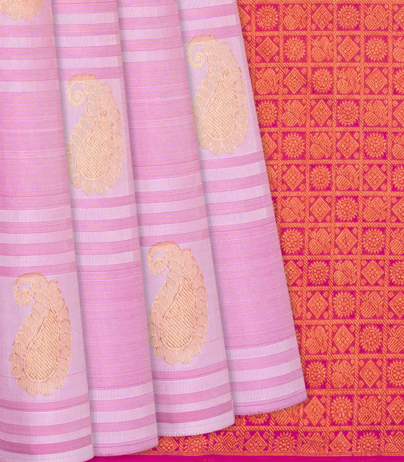 RmKV Baby Pink Handloom Kanchipuram Payadi Silk Saree With Mango Buttas-Baby Pink