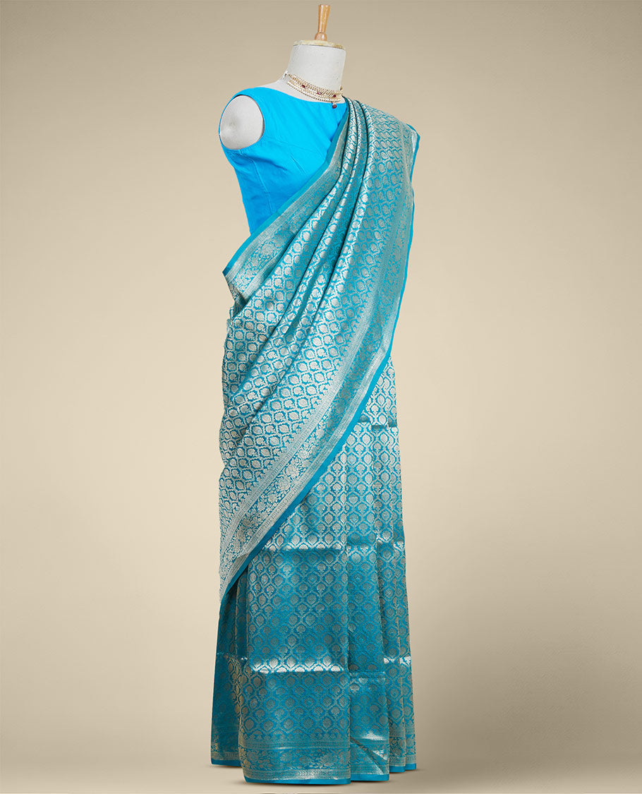 Pothys Blue ogee design banaras silk saree with self floral zari border - view 2